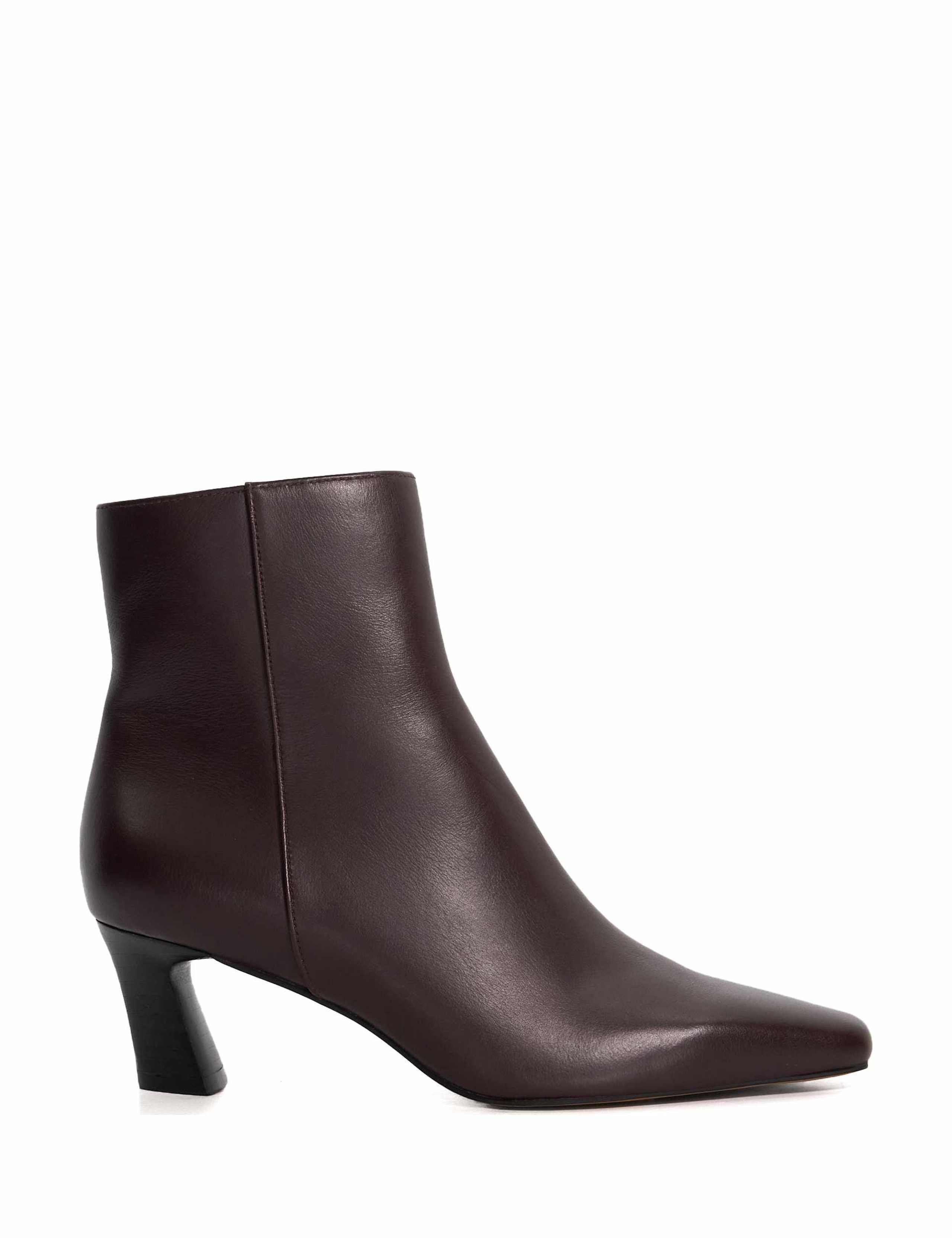 Leather Block Heel Pointed Ankle Boots