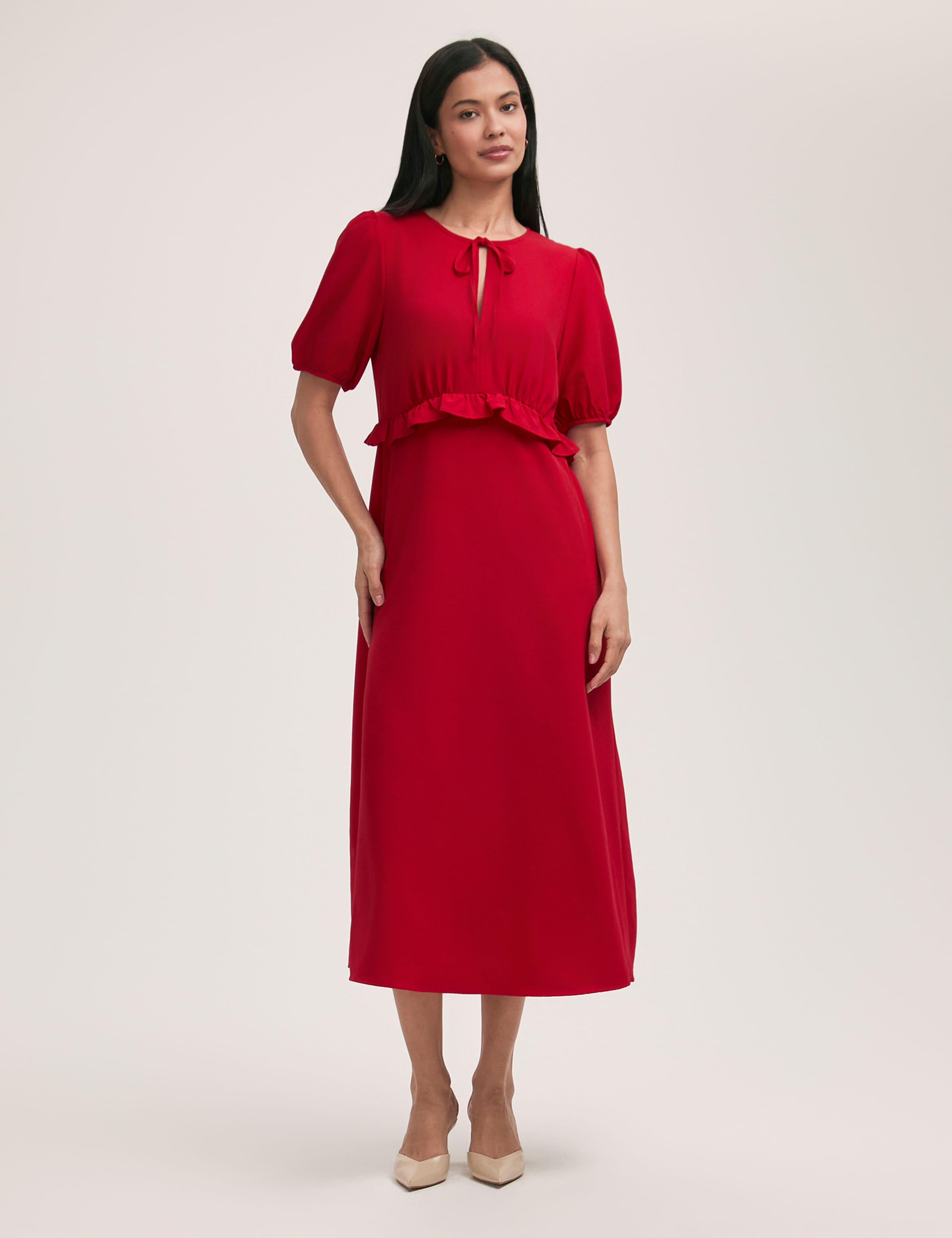 Crepe Tie Neck Frill Detail Midi Tea Dress