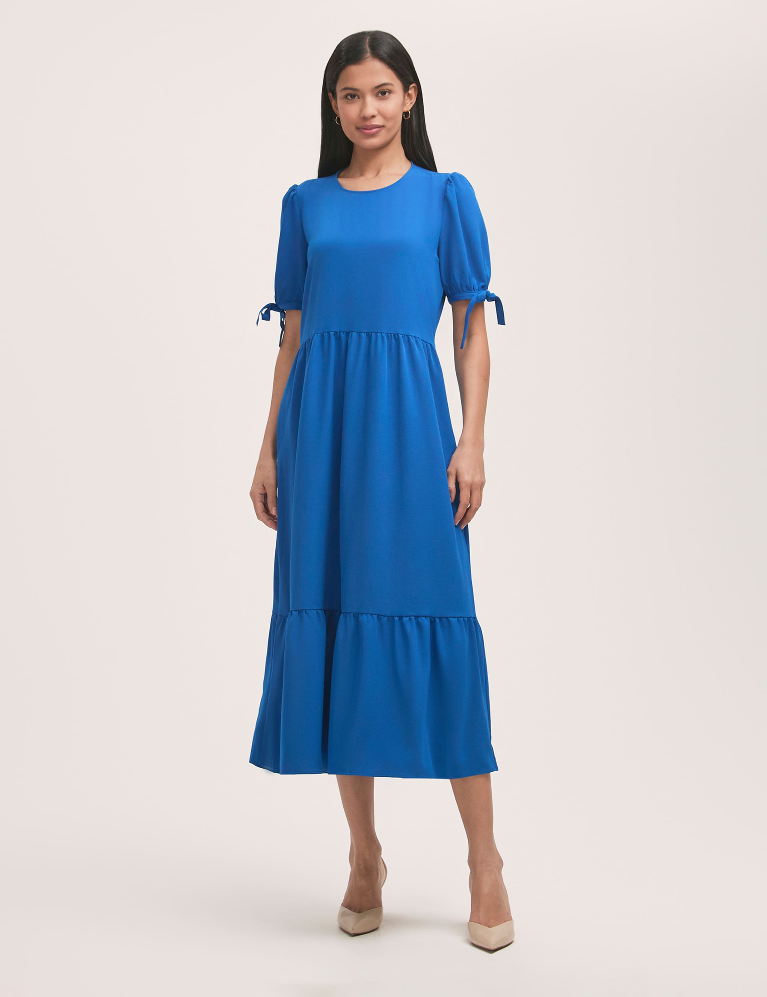 Crepe Round Neck Tie Sleeve Midi Tea Dress