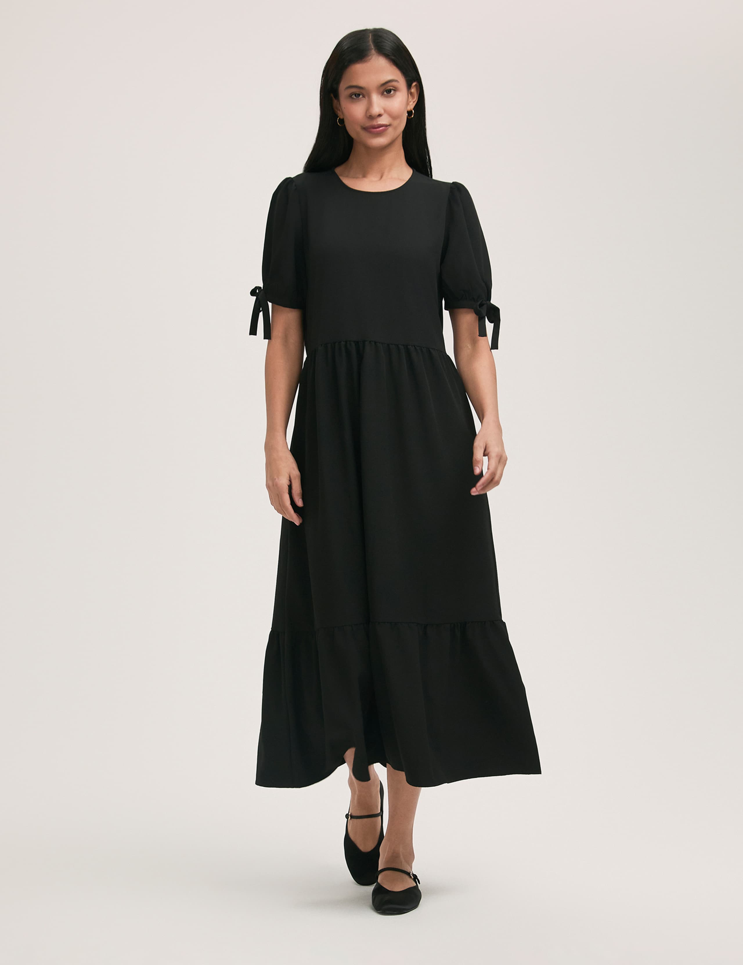 Crepe Round Neck Tie Sleeve Midi Tea Dress