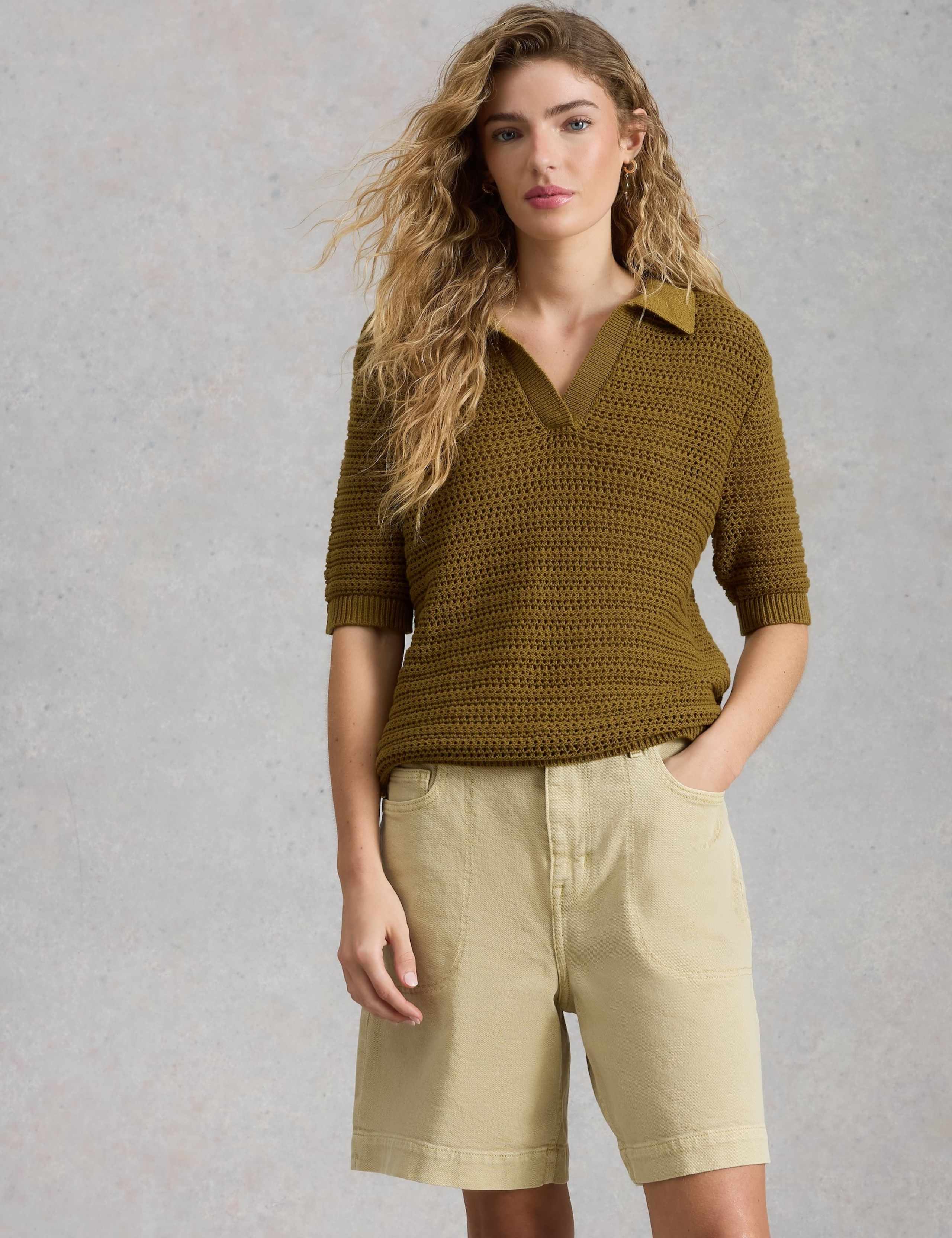 Pure Cotton Textured Collared Knitted Top