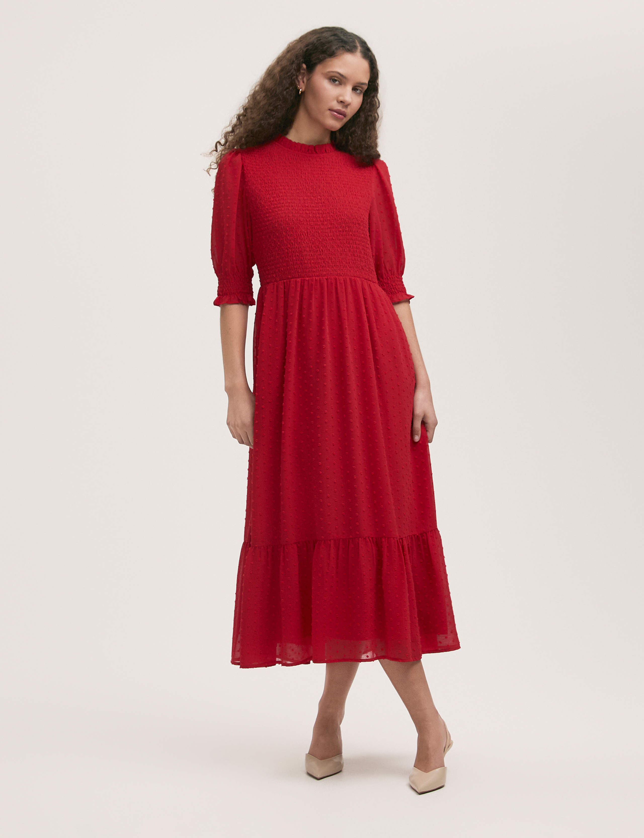 Georgette Textured Shirred Midi Tea Dress