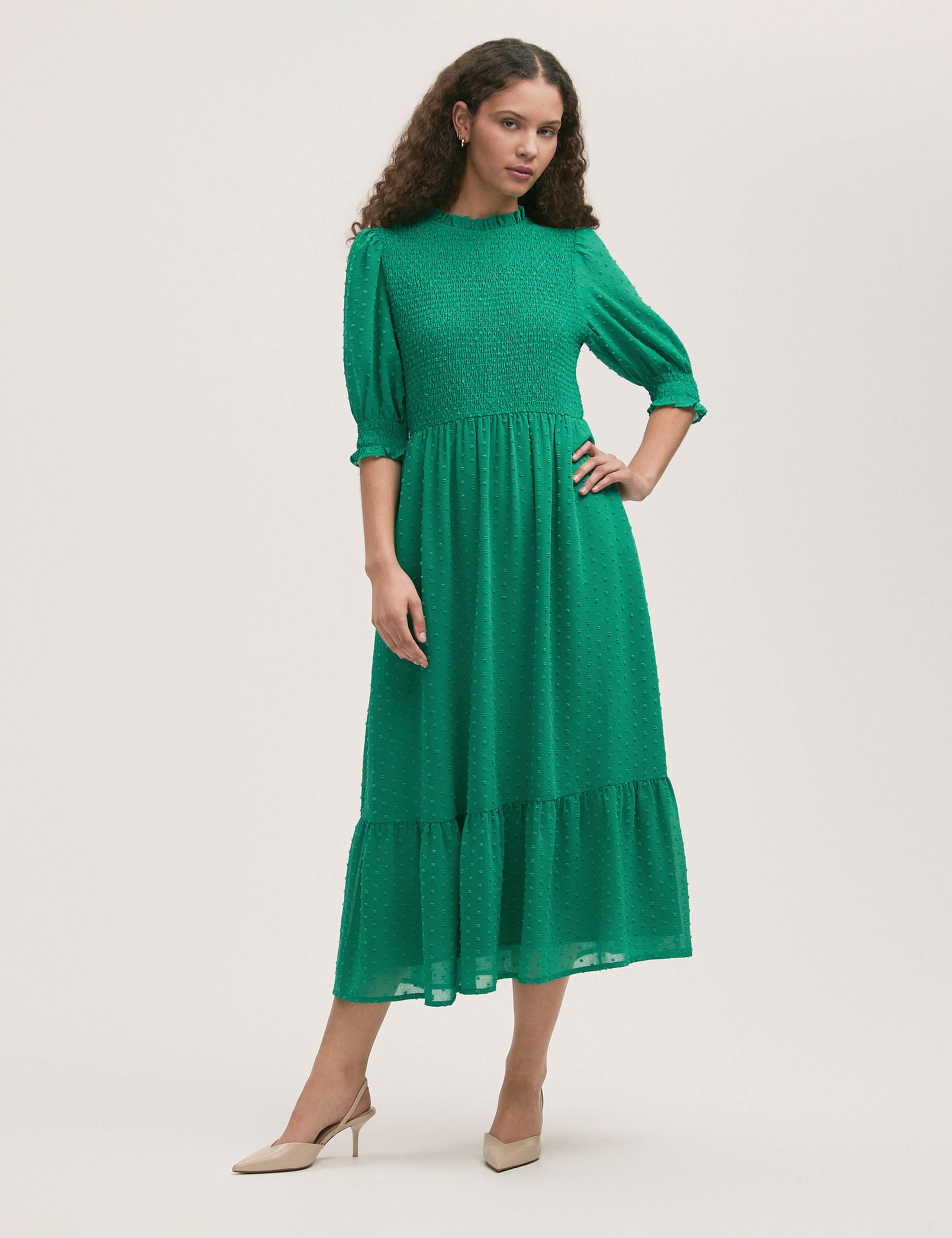 Georgette Textured Shirred Midi Tea Dress