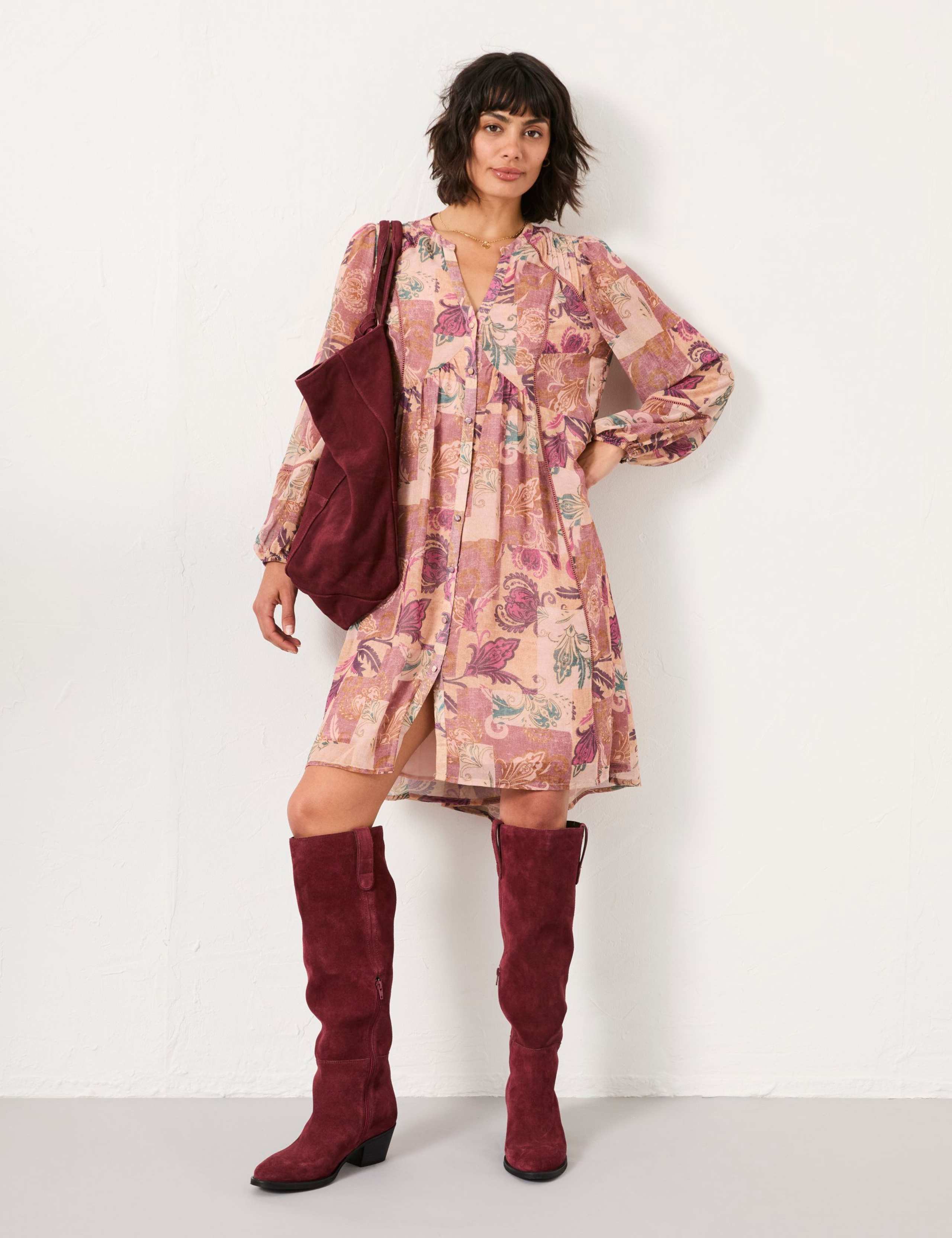 Printed Notch Neck Knee Length Tea Dress
