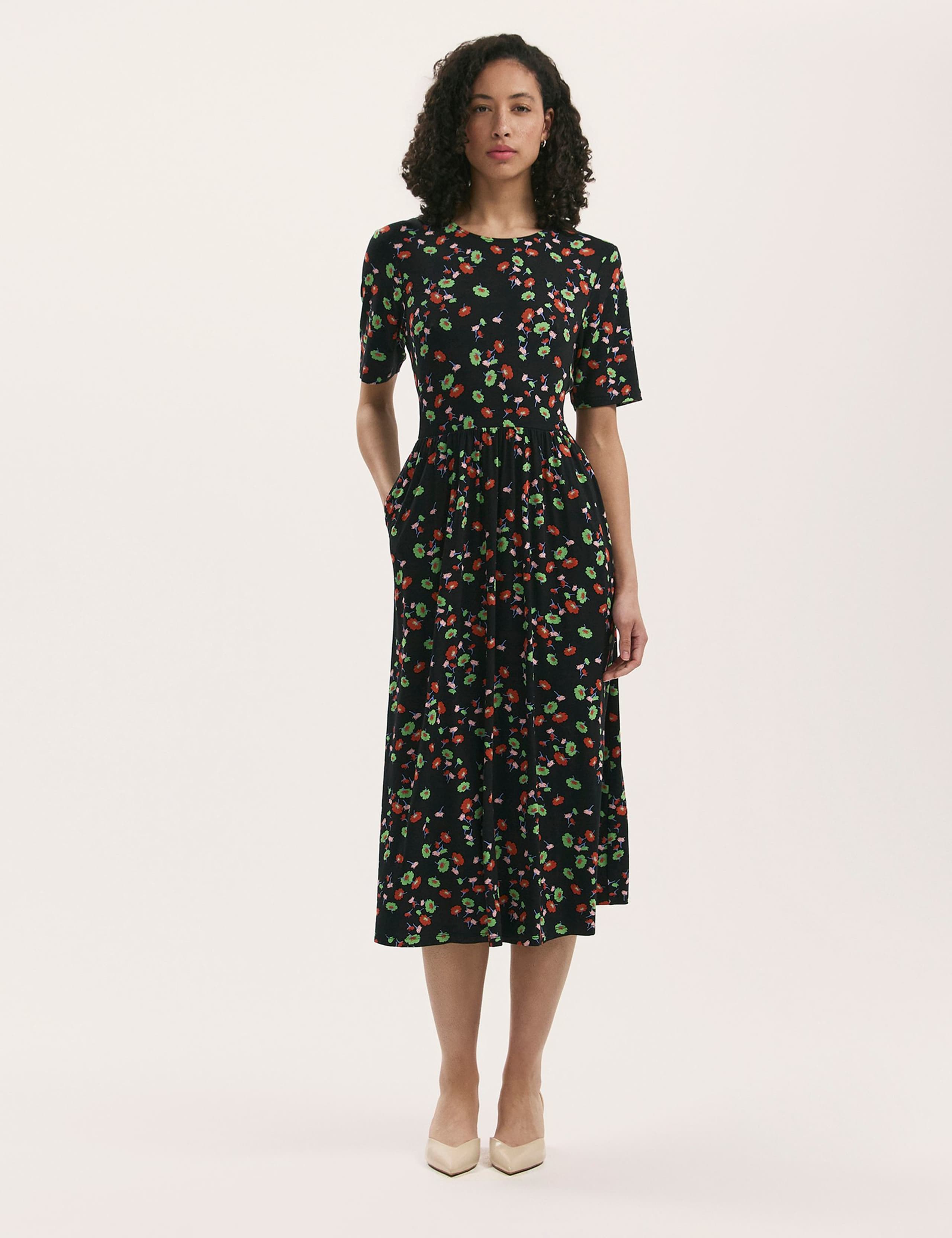 Jersey Floral Midi Waisted T-Shirt Dress