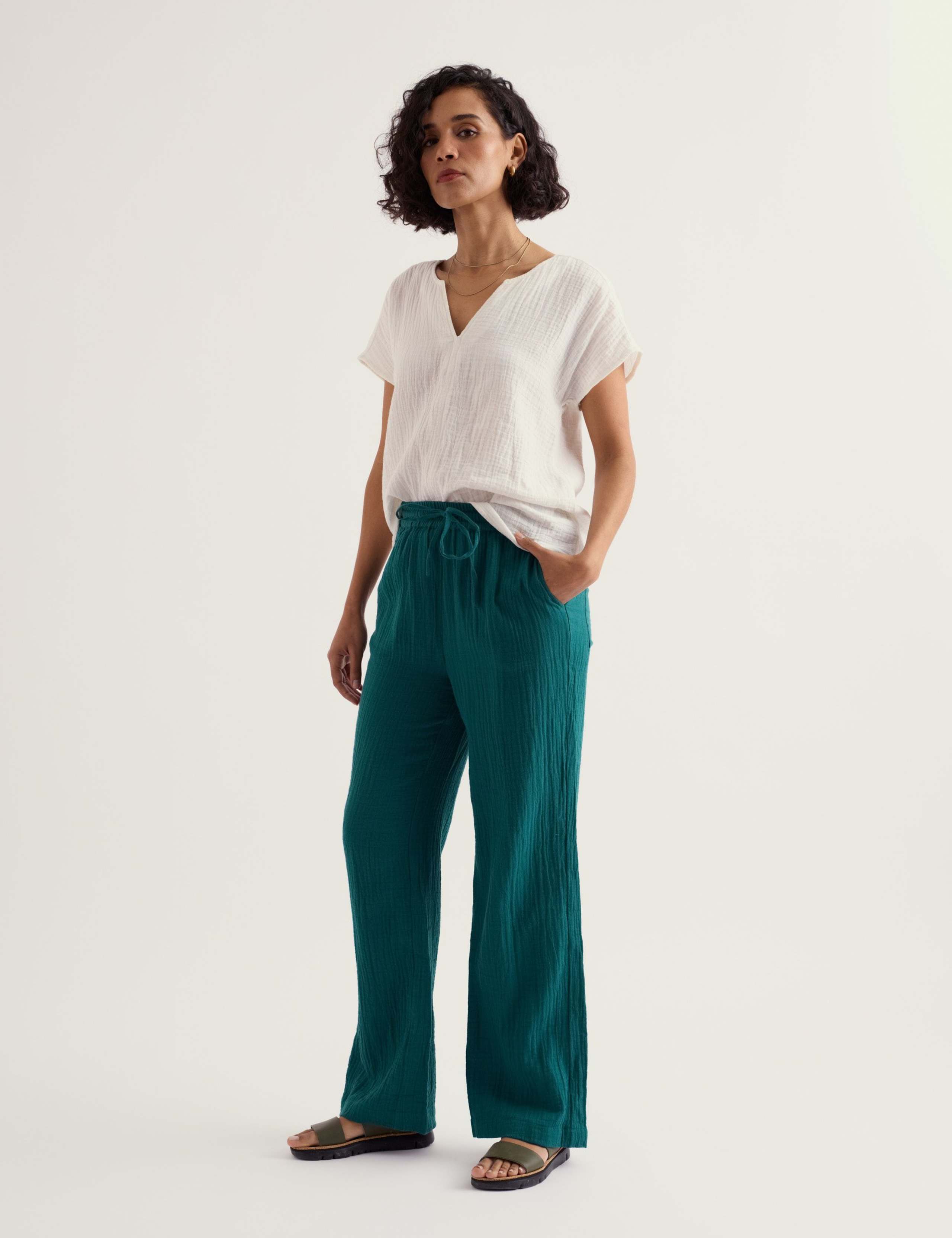 Pure Cotton Crinkle Wide Leg Beach Trousers