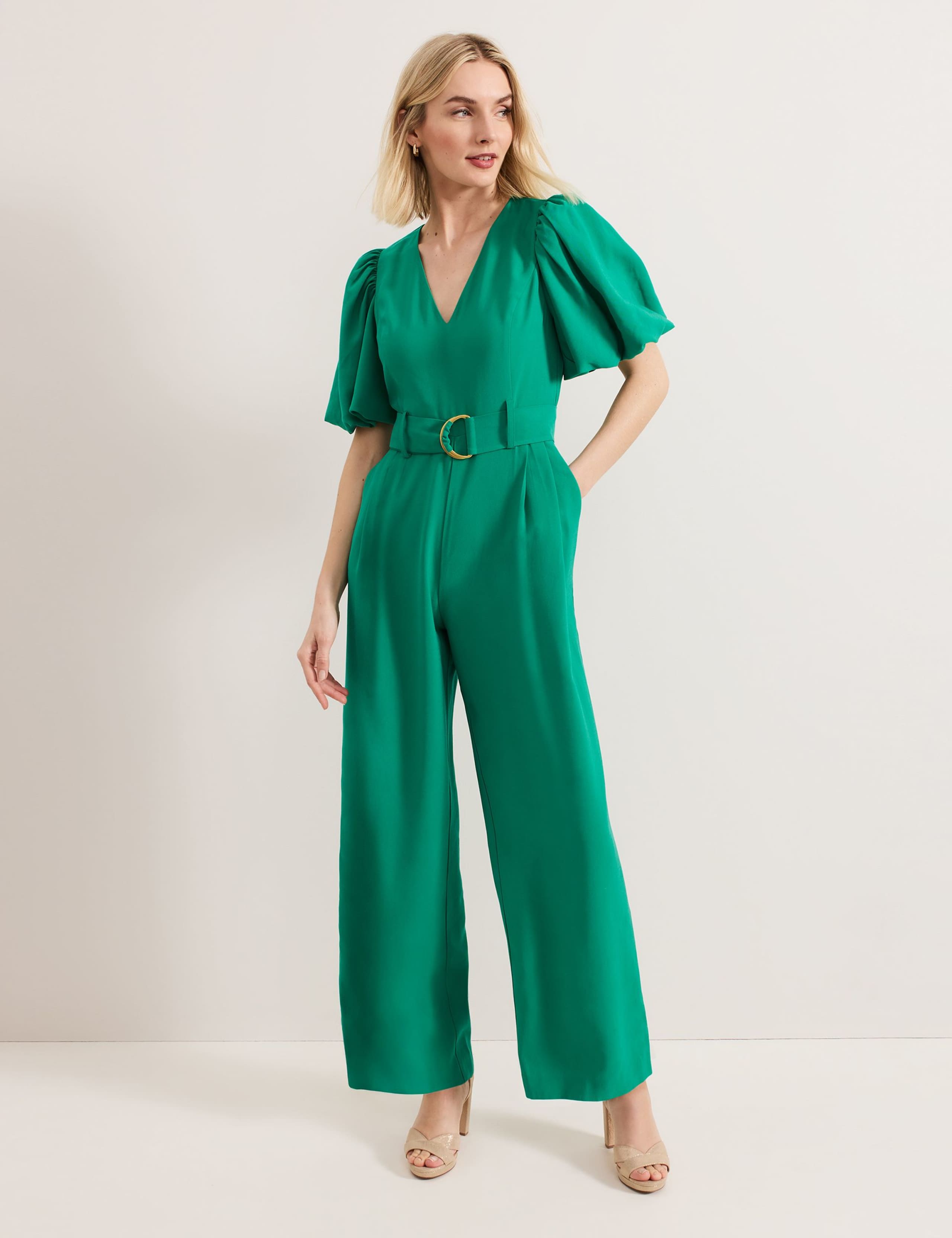 Belted Short Sleeve Wide Leg Jumpsuit