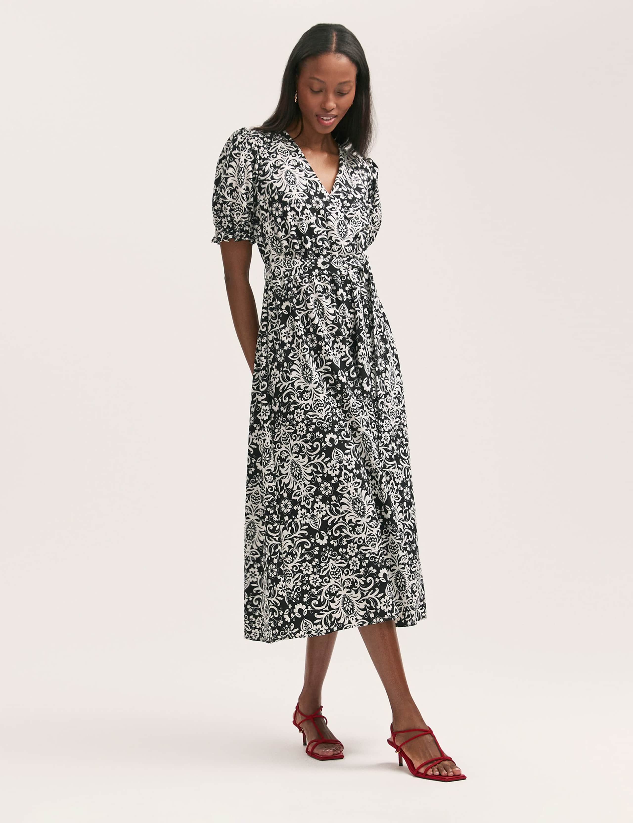 Crepe Printed V-Neck Belted Midi Tea Dress