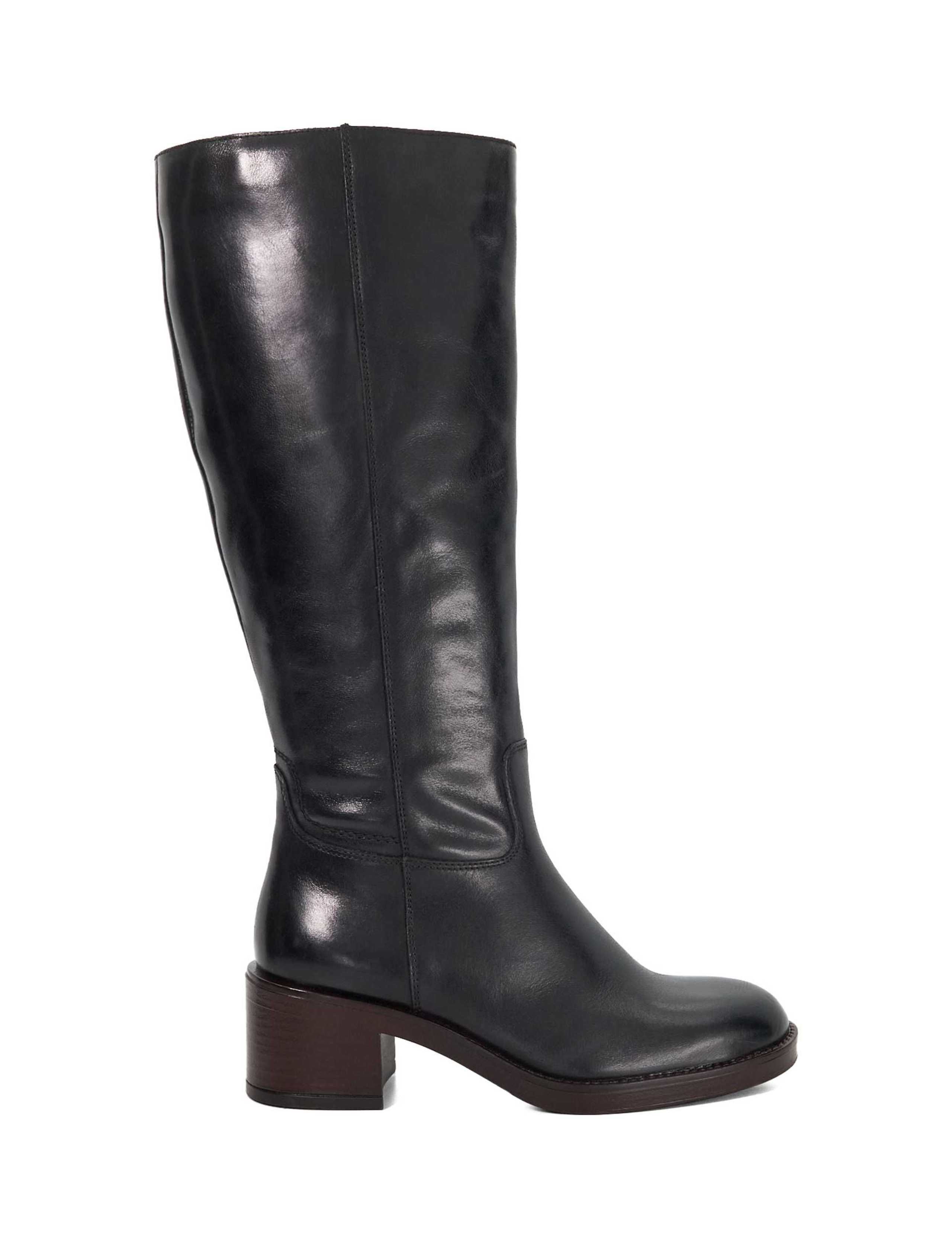 Leather Block Heel Knee High Boots