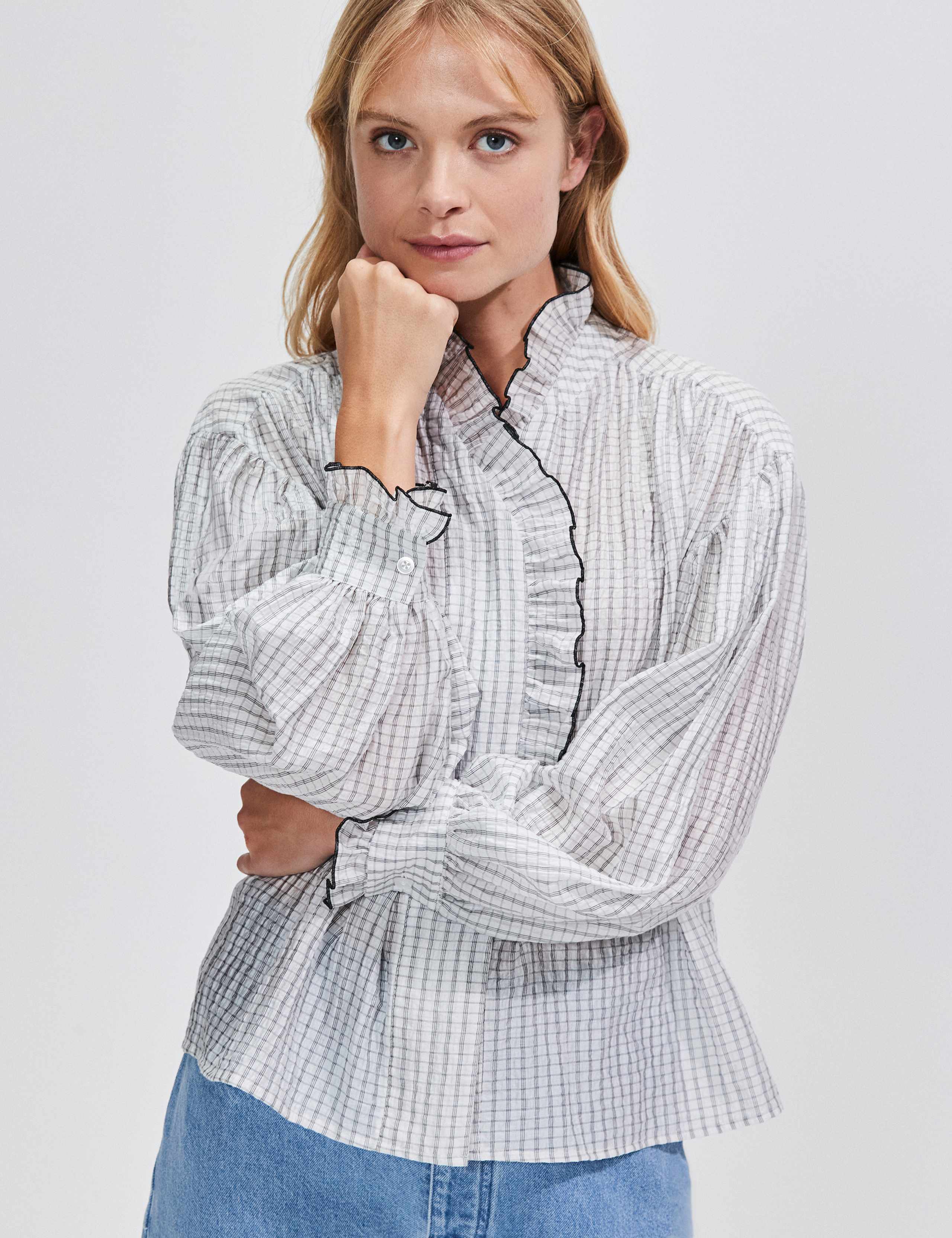 Lyocell Rich Checked Frill Detail Blouse