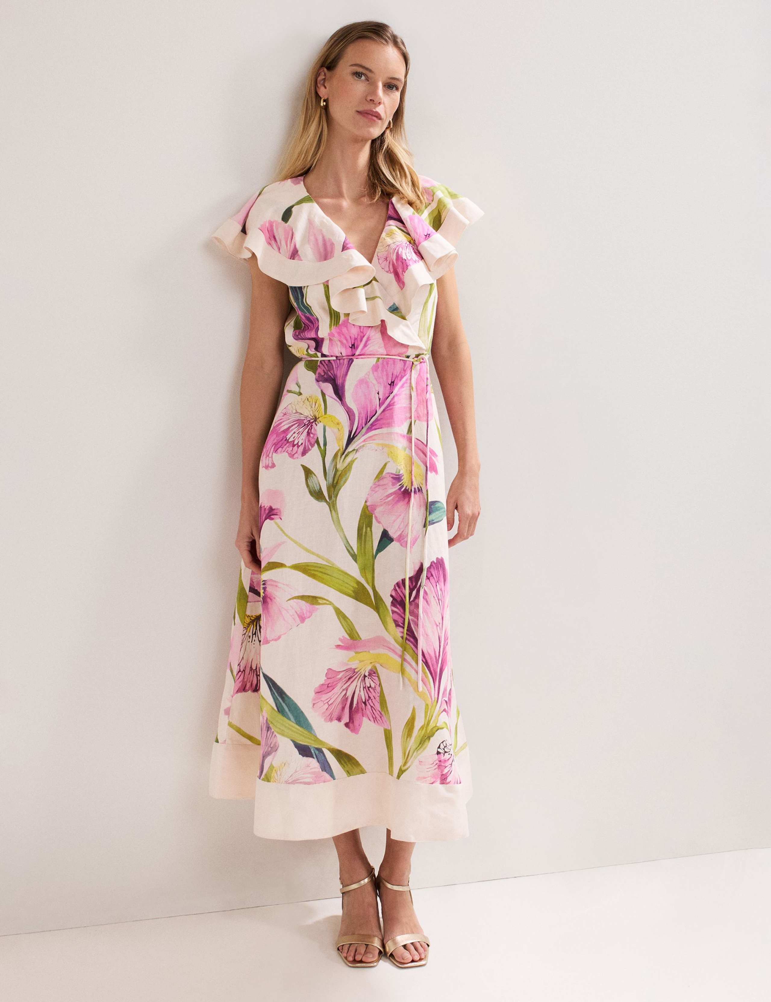 Linen Rich Floral V-Neck Ruffle Midi Waisted Dress