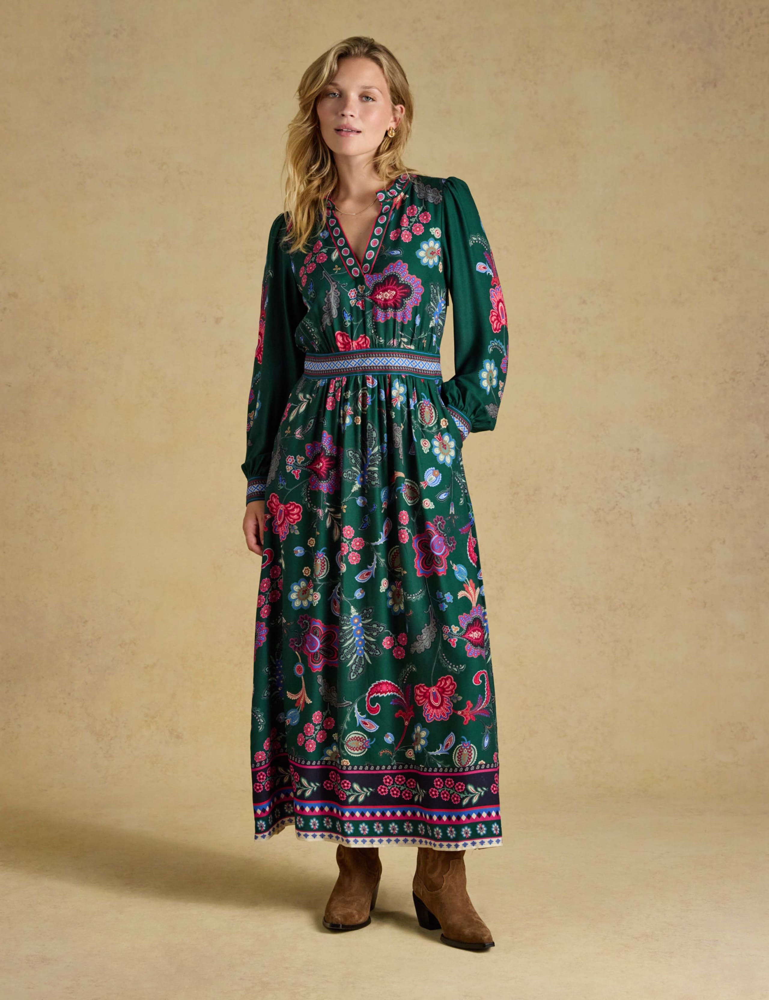 Floral V Neck Ruffle Maxi Tea Dress
