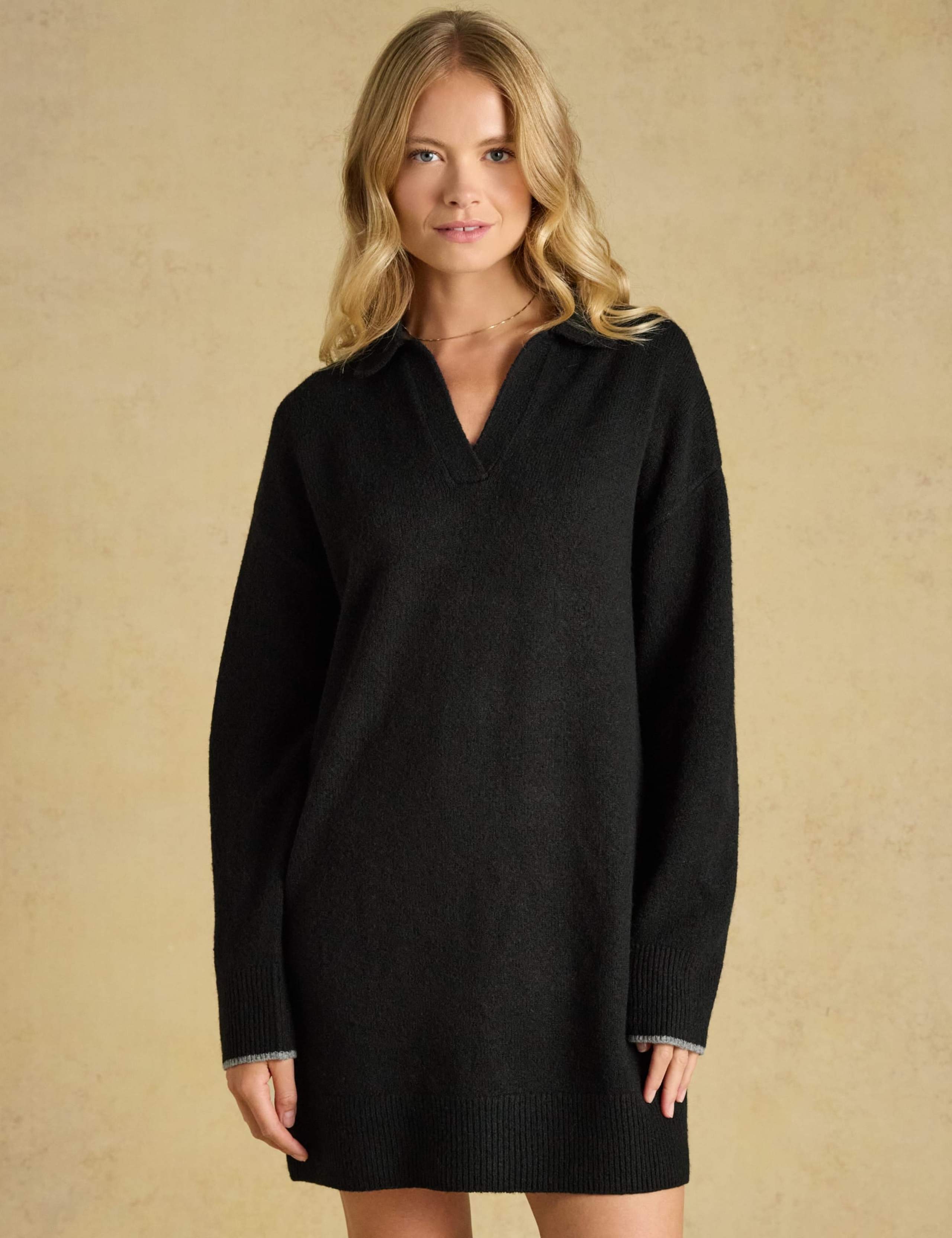 Textured Open Collar Knee Length Jumper Dress