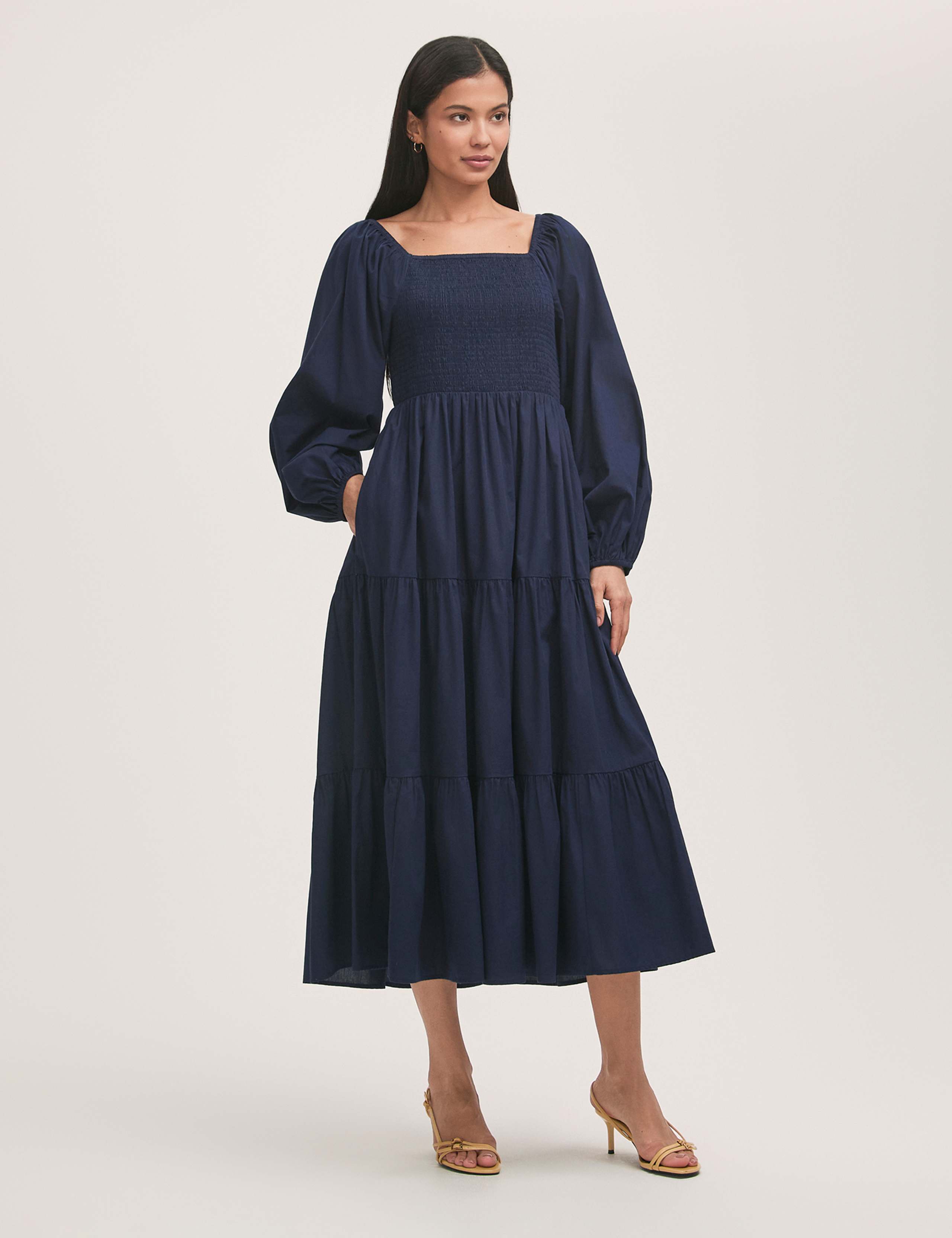 Pure Cotton Square Neck Midi Tiered Dress