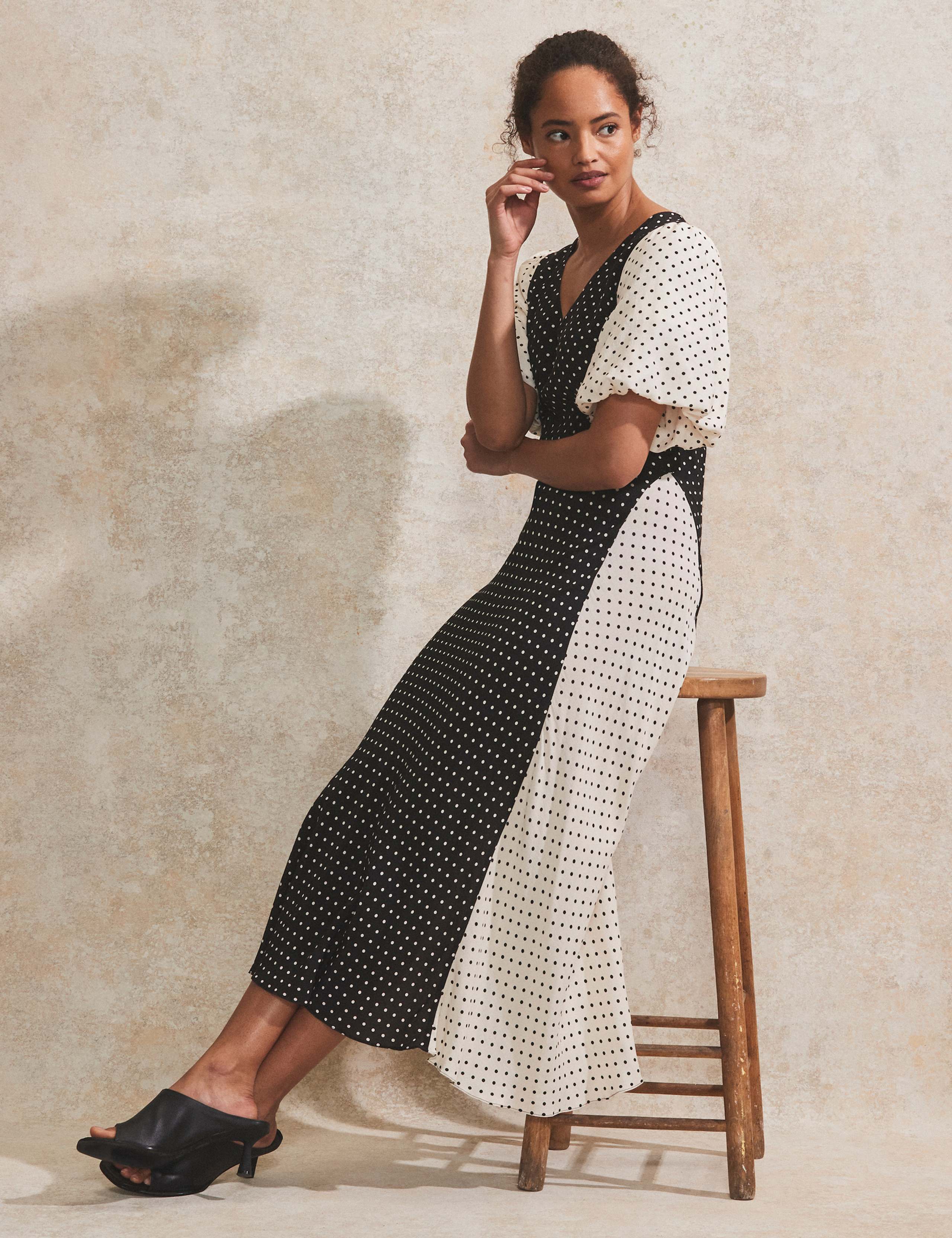 Spot Print V-Neck Midi Tea Dress