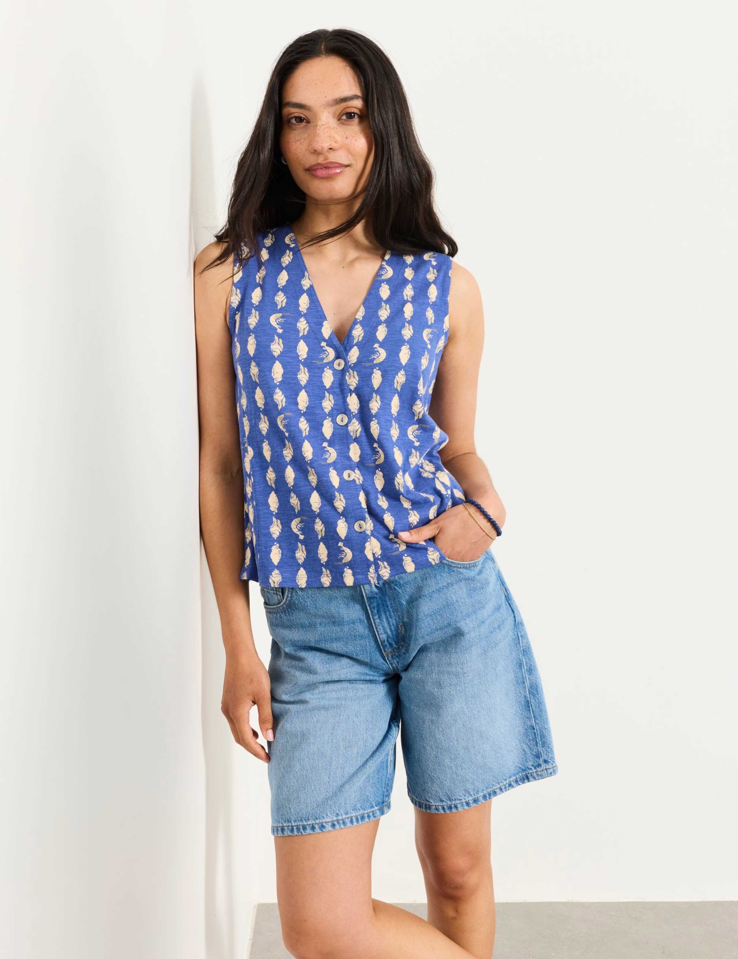 Cotton Modal Blend Printed V-Neck Blouse