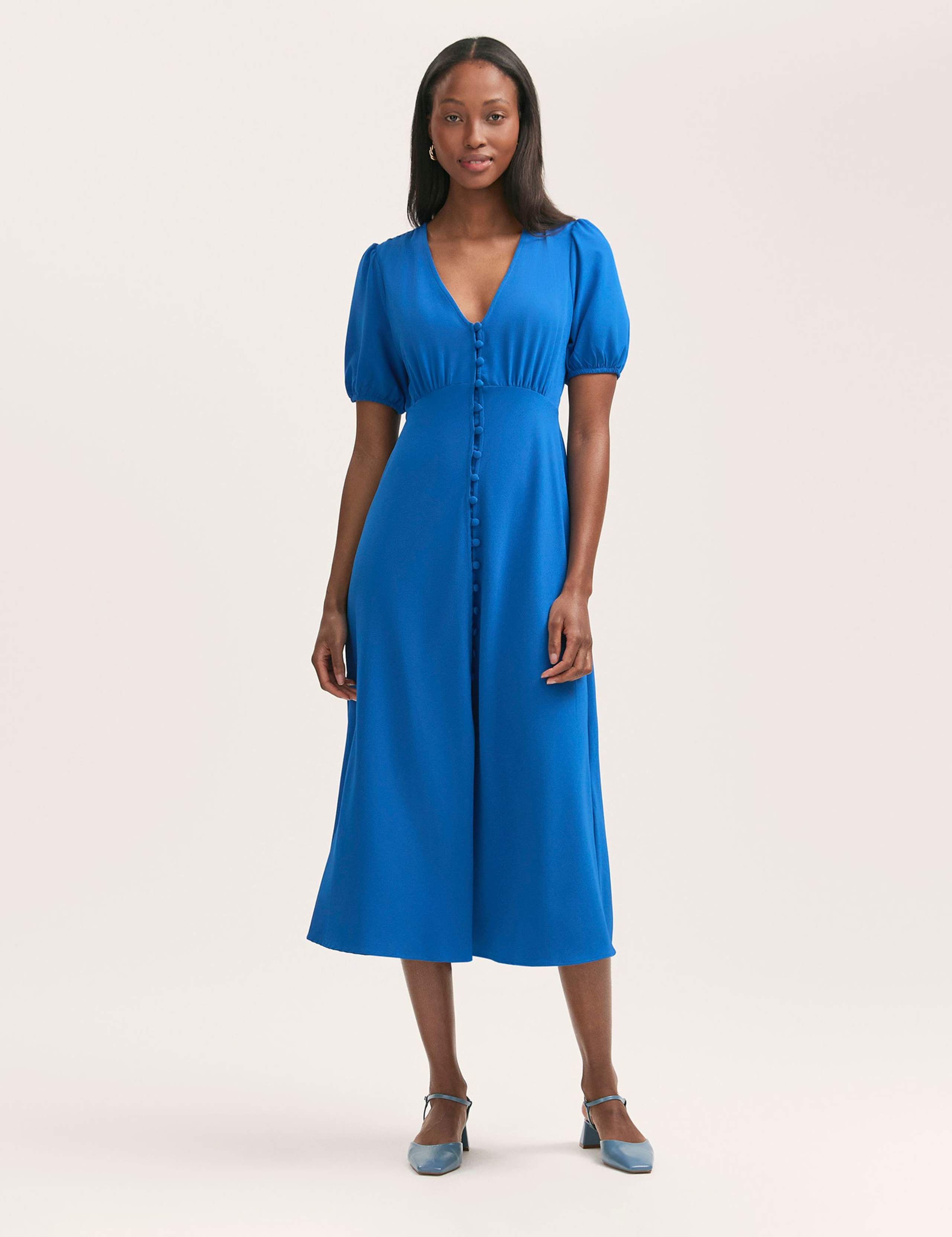 Crepe V-Neck Puff Sleeve Midi Tea Dress