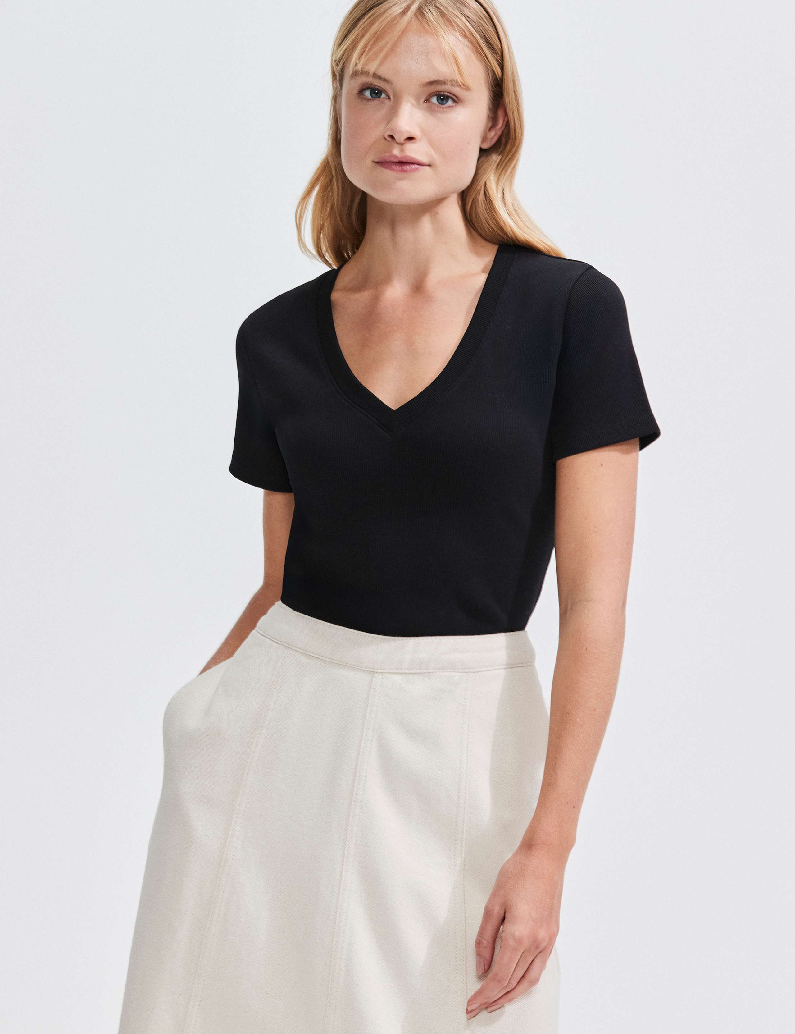 Cotton Rich Ribbed V-Neck T-Shirt