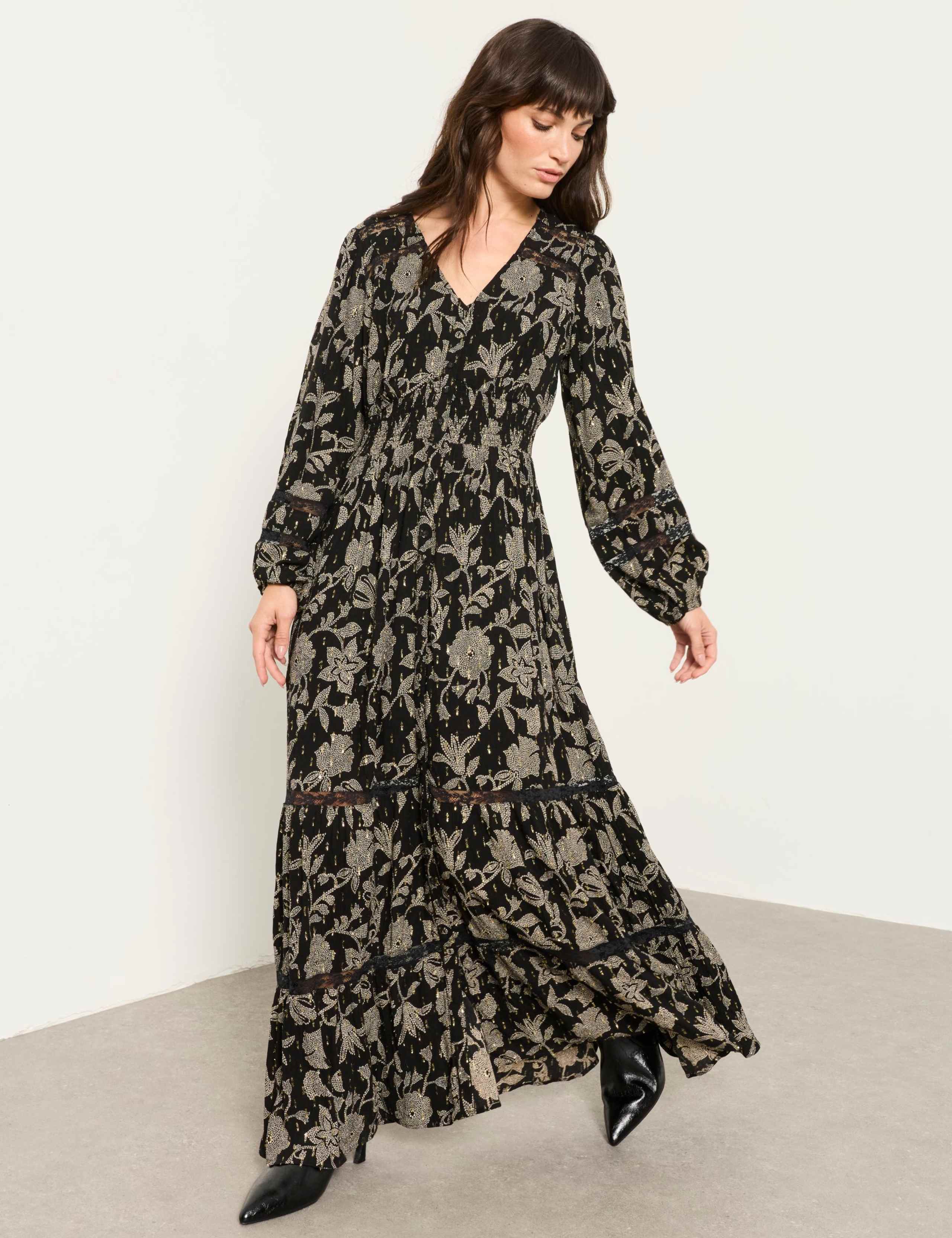 Jacquard Floral V-Neck Maxi Waisted Dress