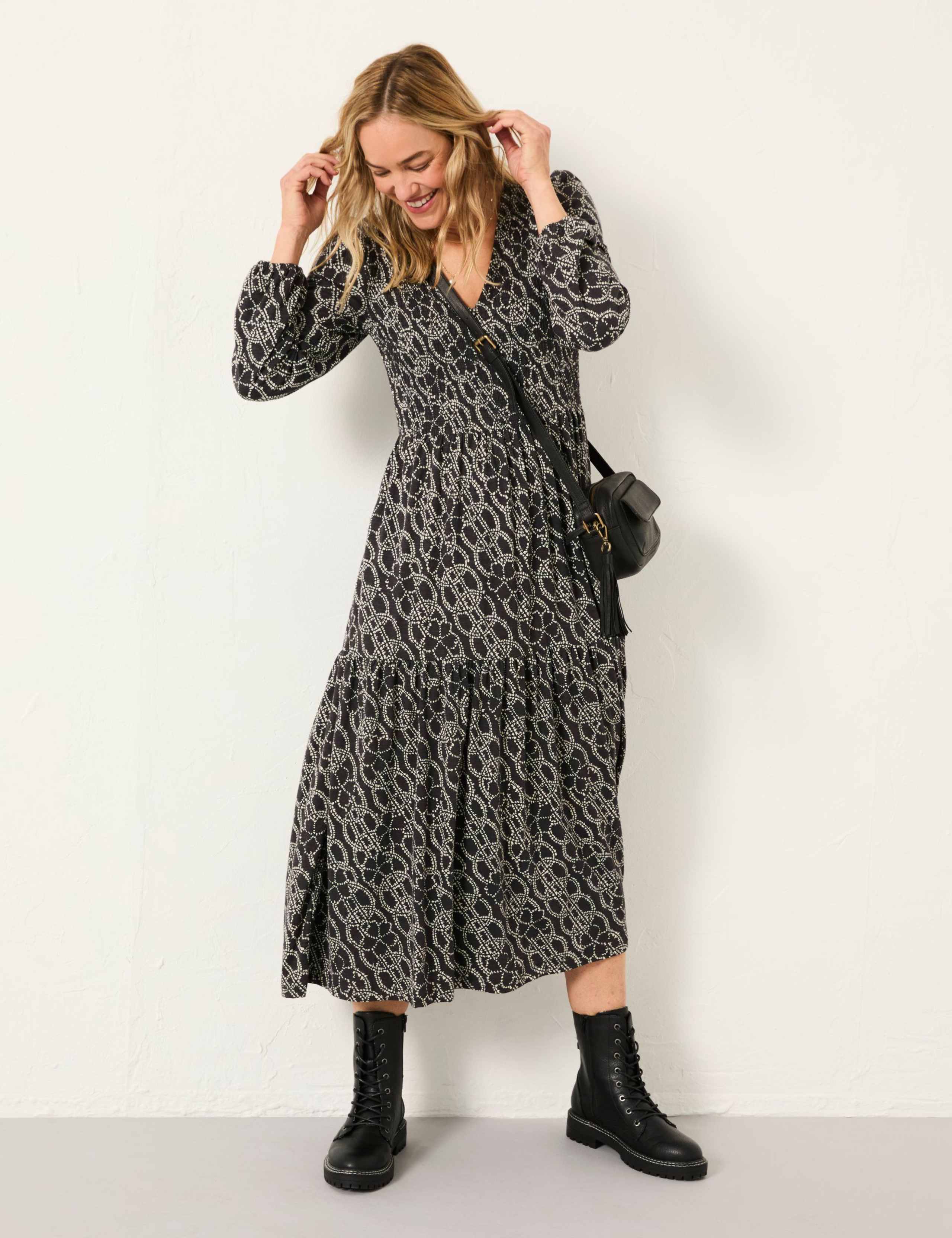Cotton Rich Printed V-Neck Midi Tiered Dress