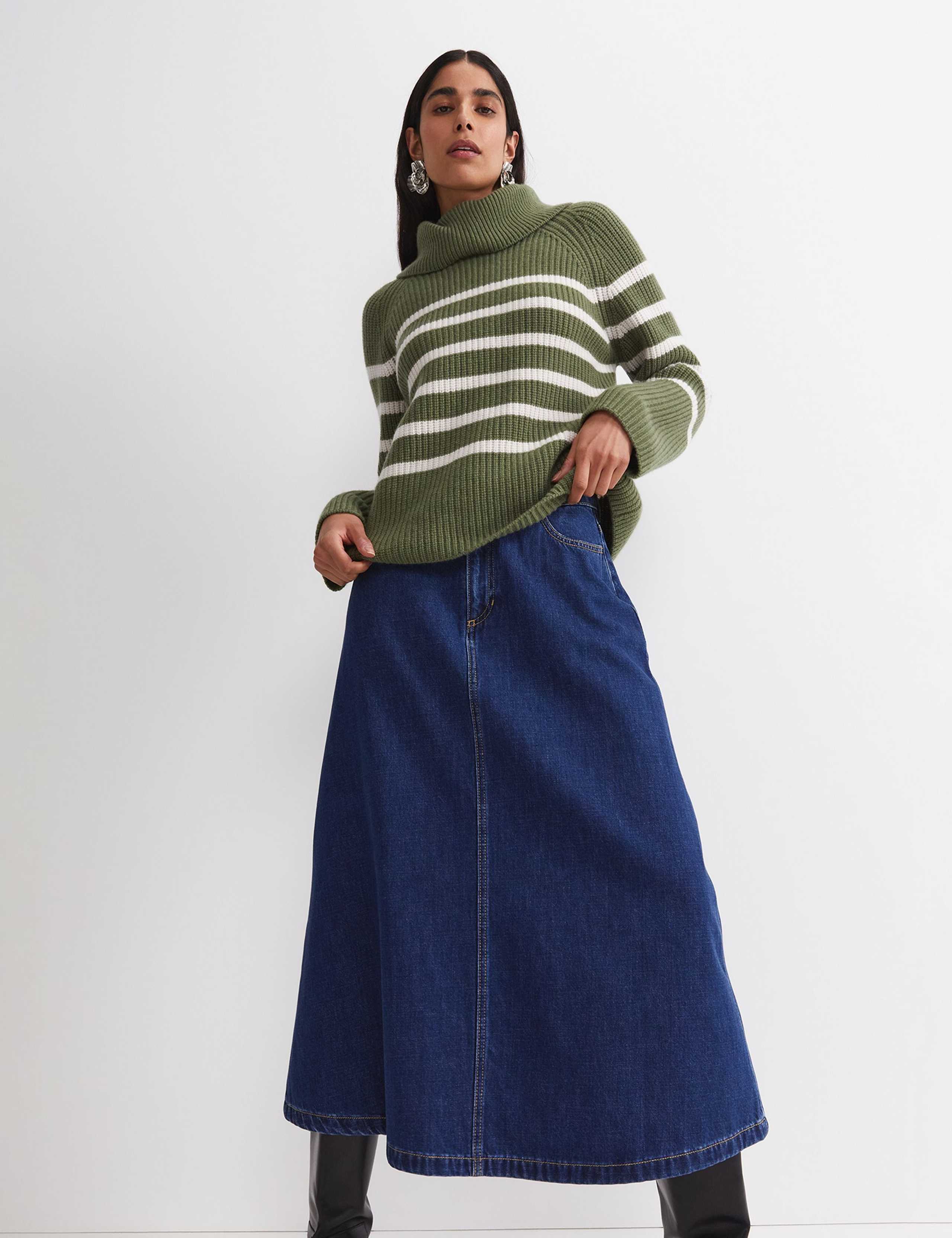Pure Wool Striped Roll Neck Jumper