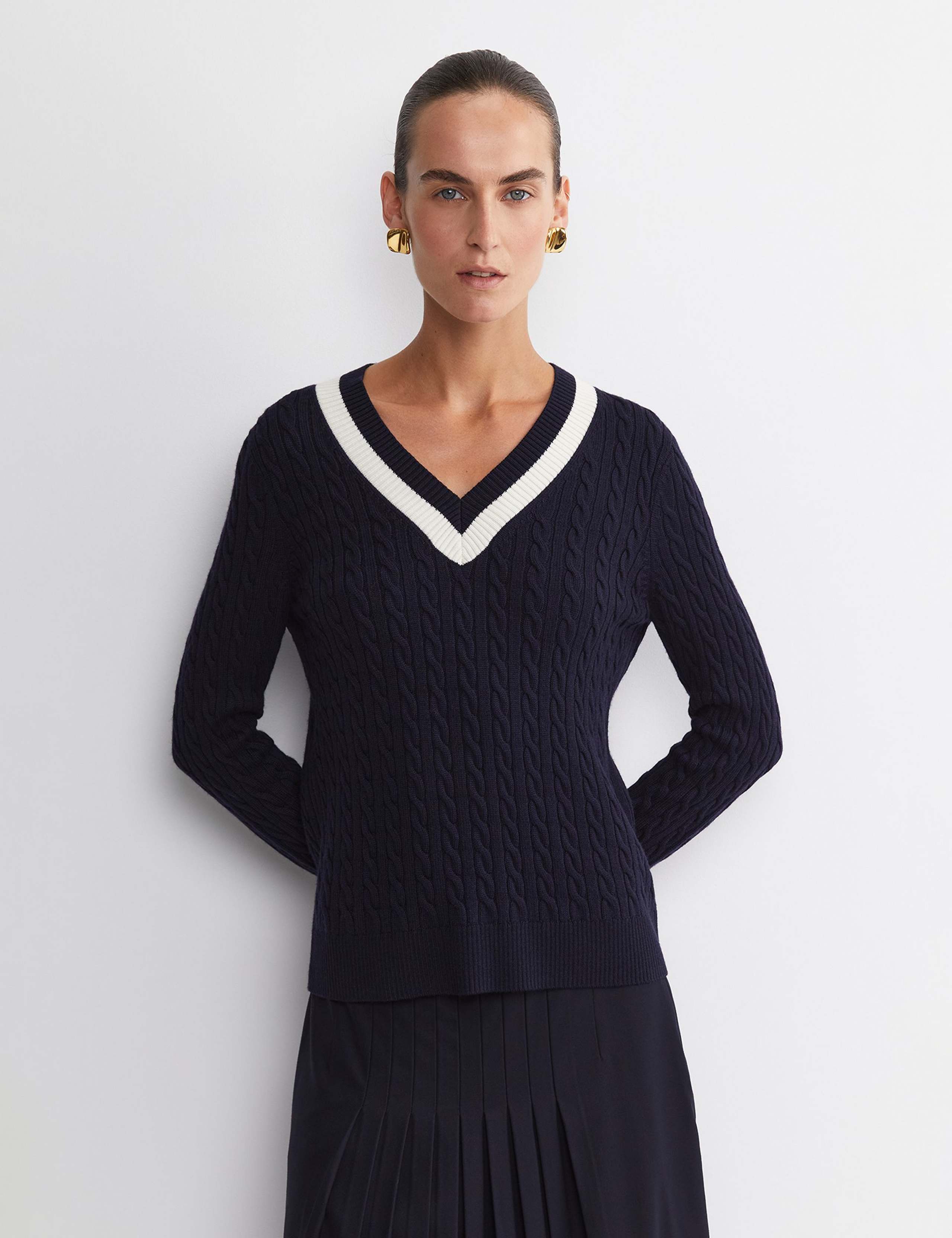 Pure Wool Cable Knit V-Neck Jumper
