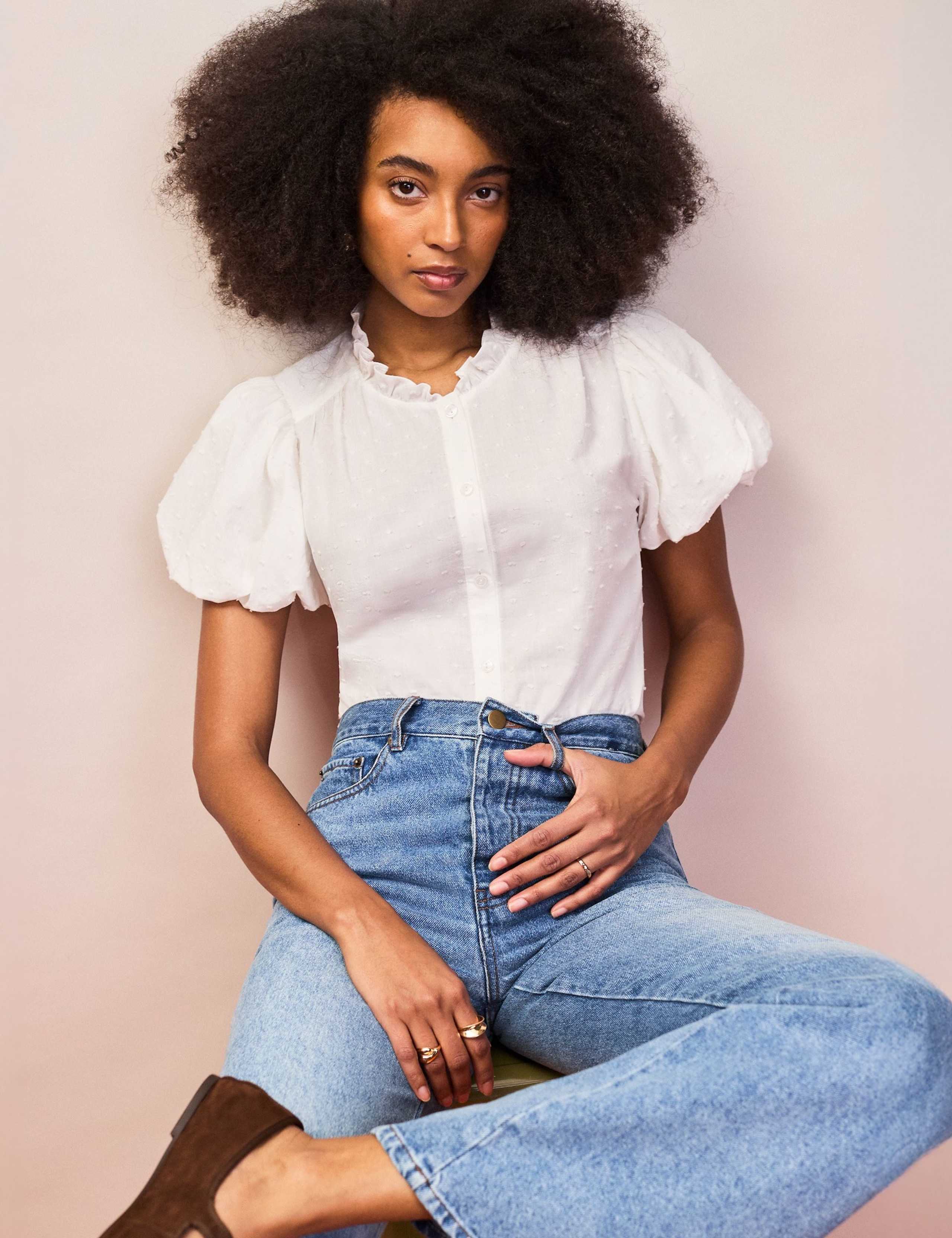 Pure Cotton Textured Puff Sleeve Shirt