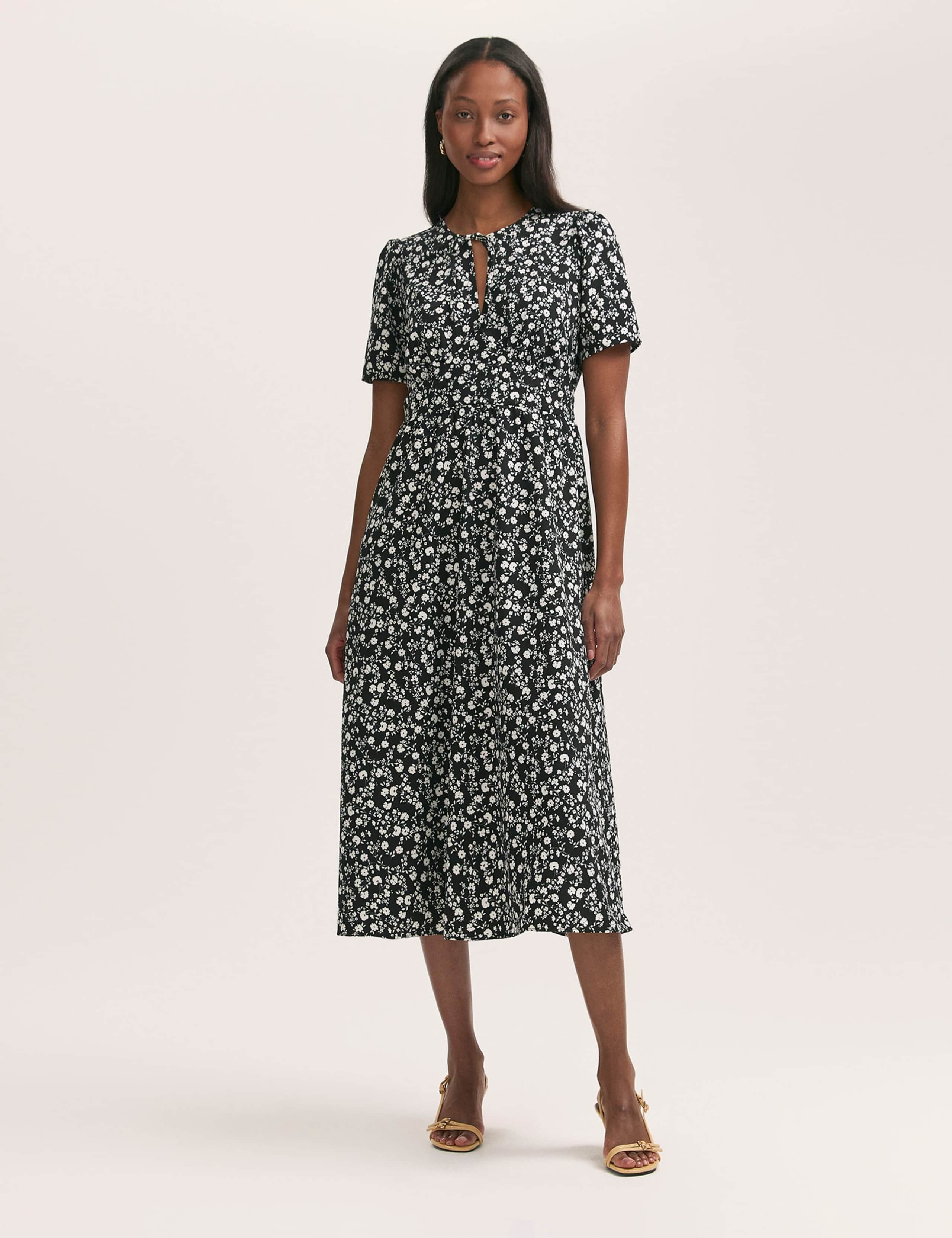 Crepe Floral Tie Neck Midi Tiered Tea Dress