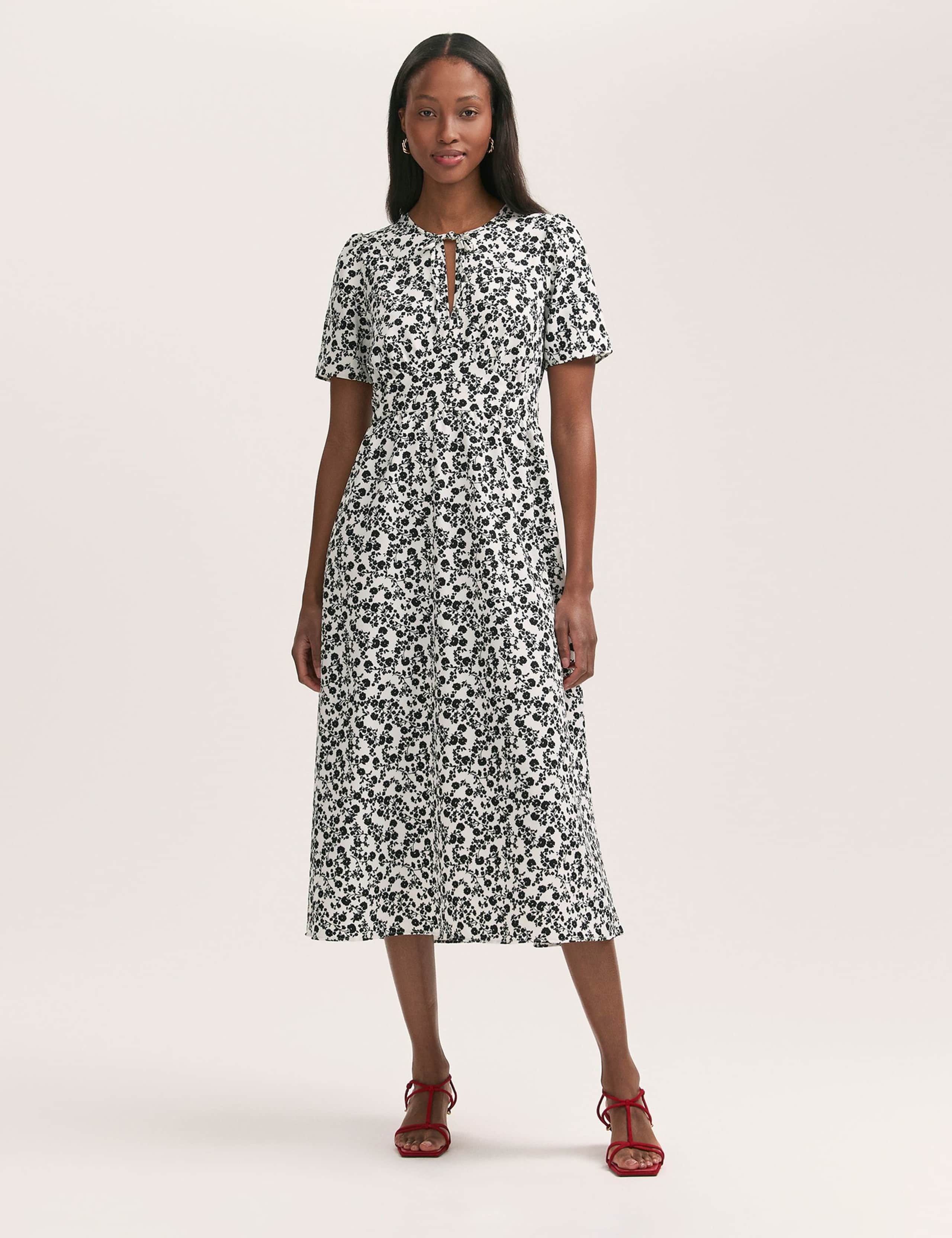 Crepe Floral Tie Neck Midi Tiered Tea Dress