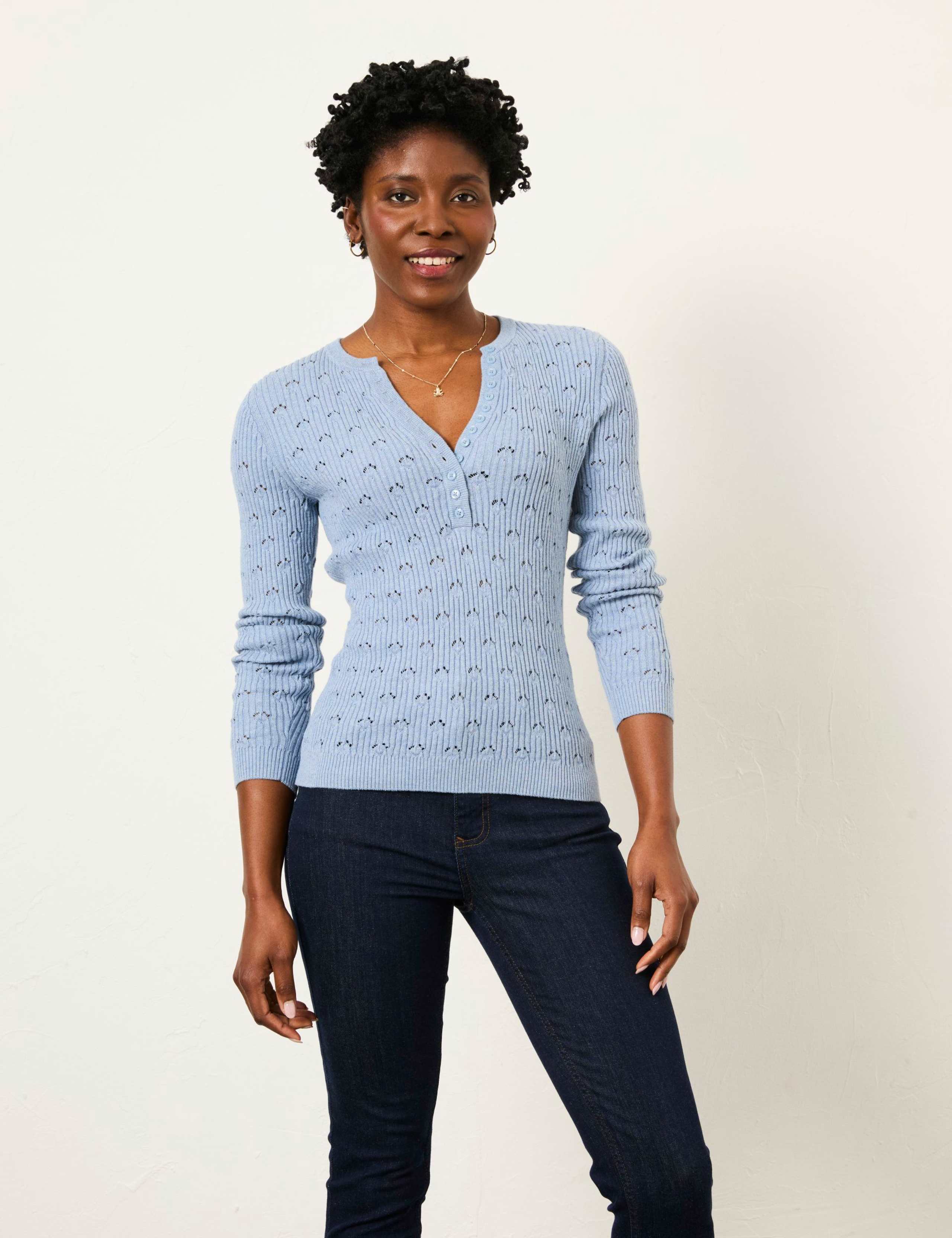 Cotton Rich Ribbed Notch Neck Jumper