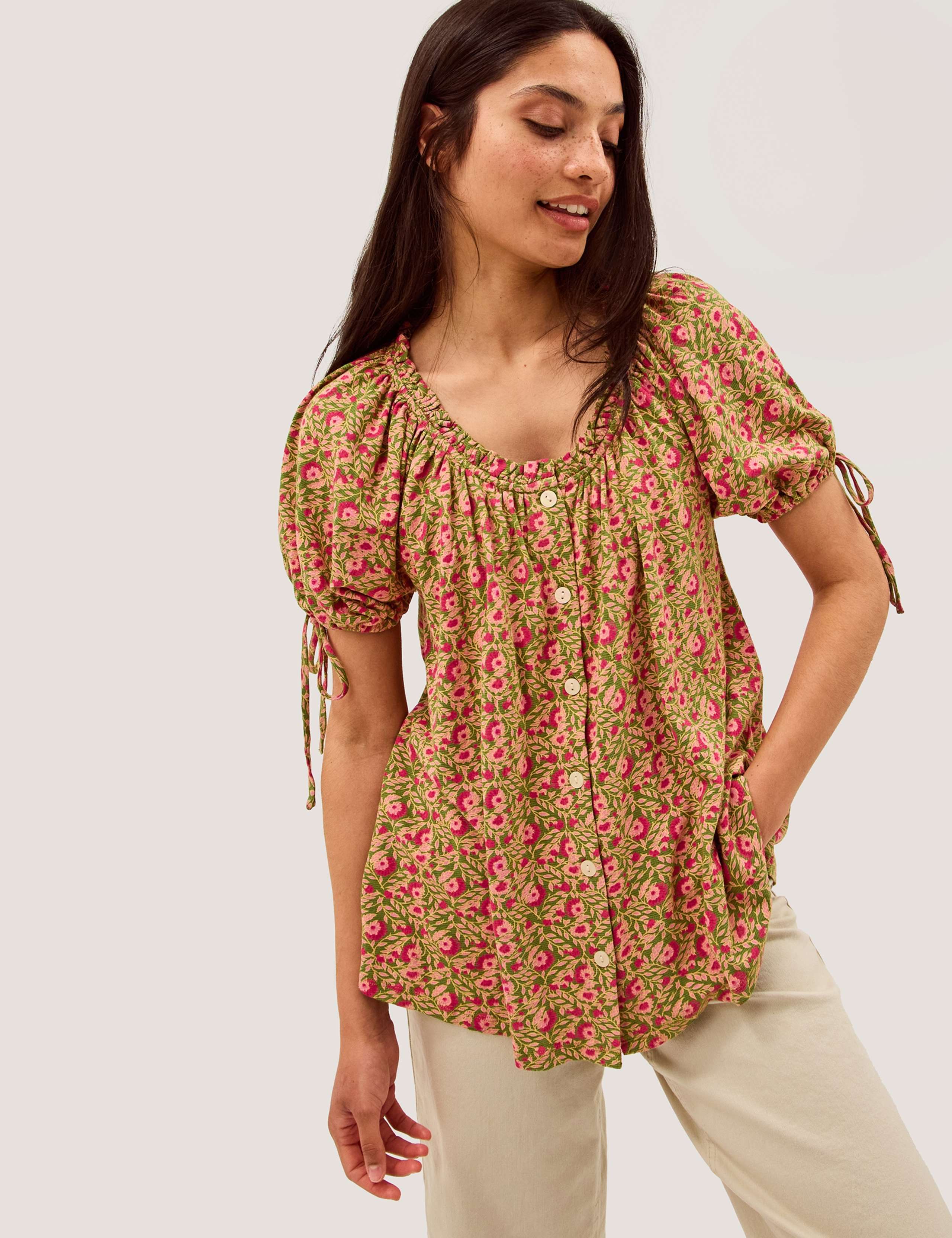 Cotton Rich Jersey Printed Puff Sleeve Blouse