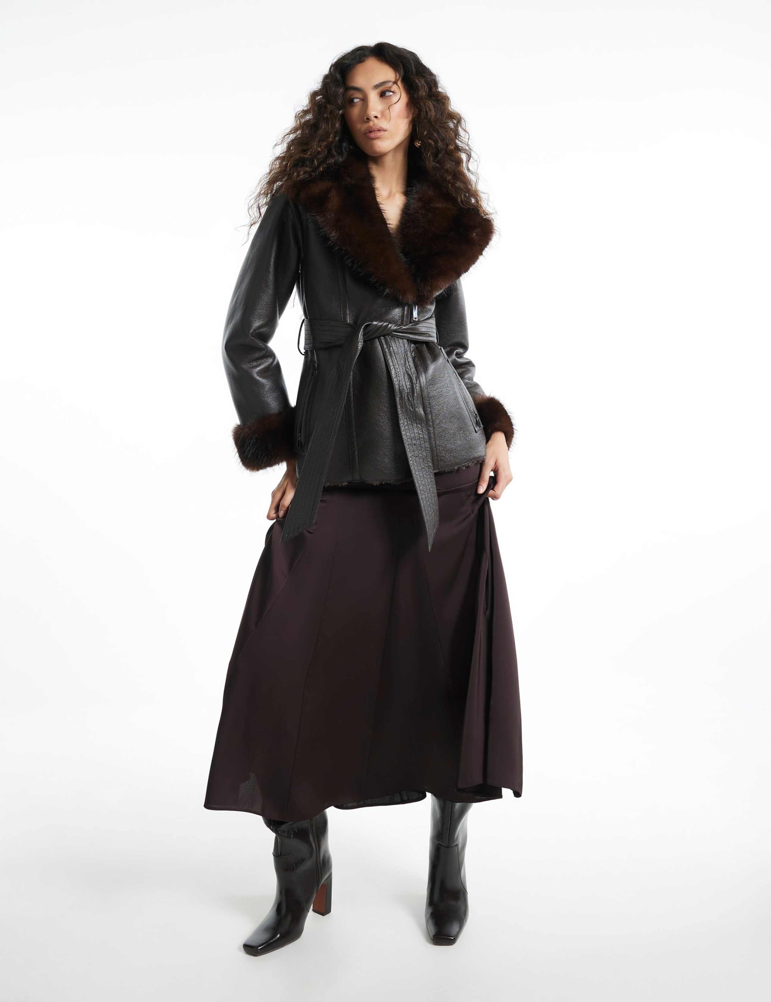 Mid Length Belted Faux Leather Shearling Aviator Coat