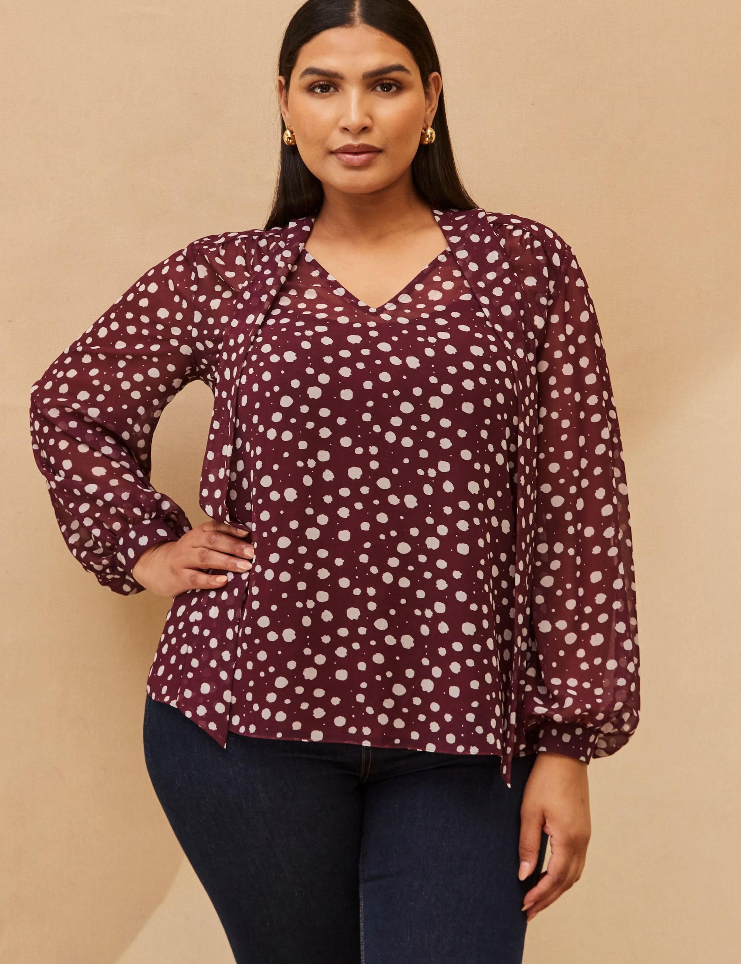 Polka Dot V-Neck Tie Detail Blouse