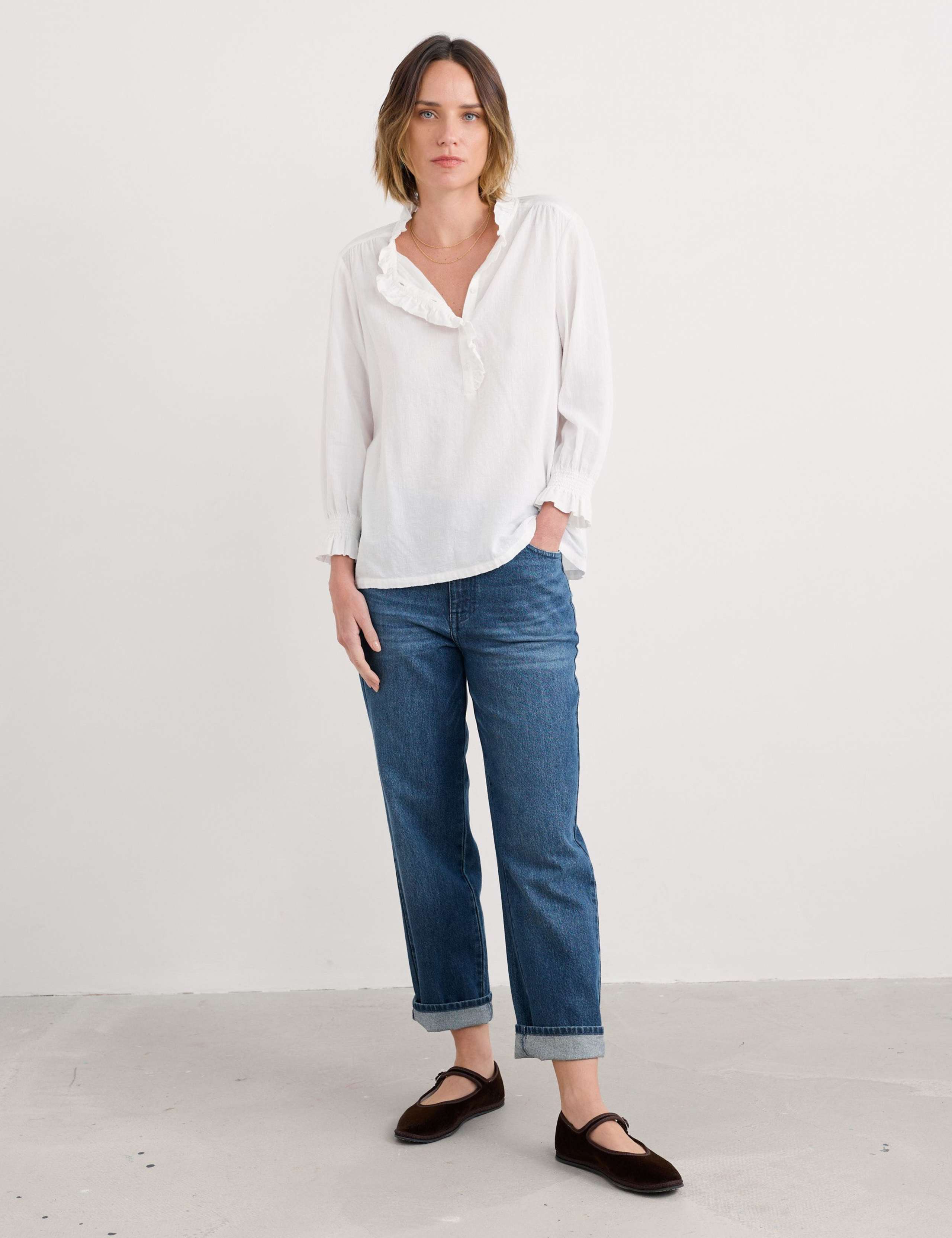 Cotton Rich Checked Frill Detail Blouse