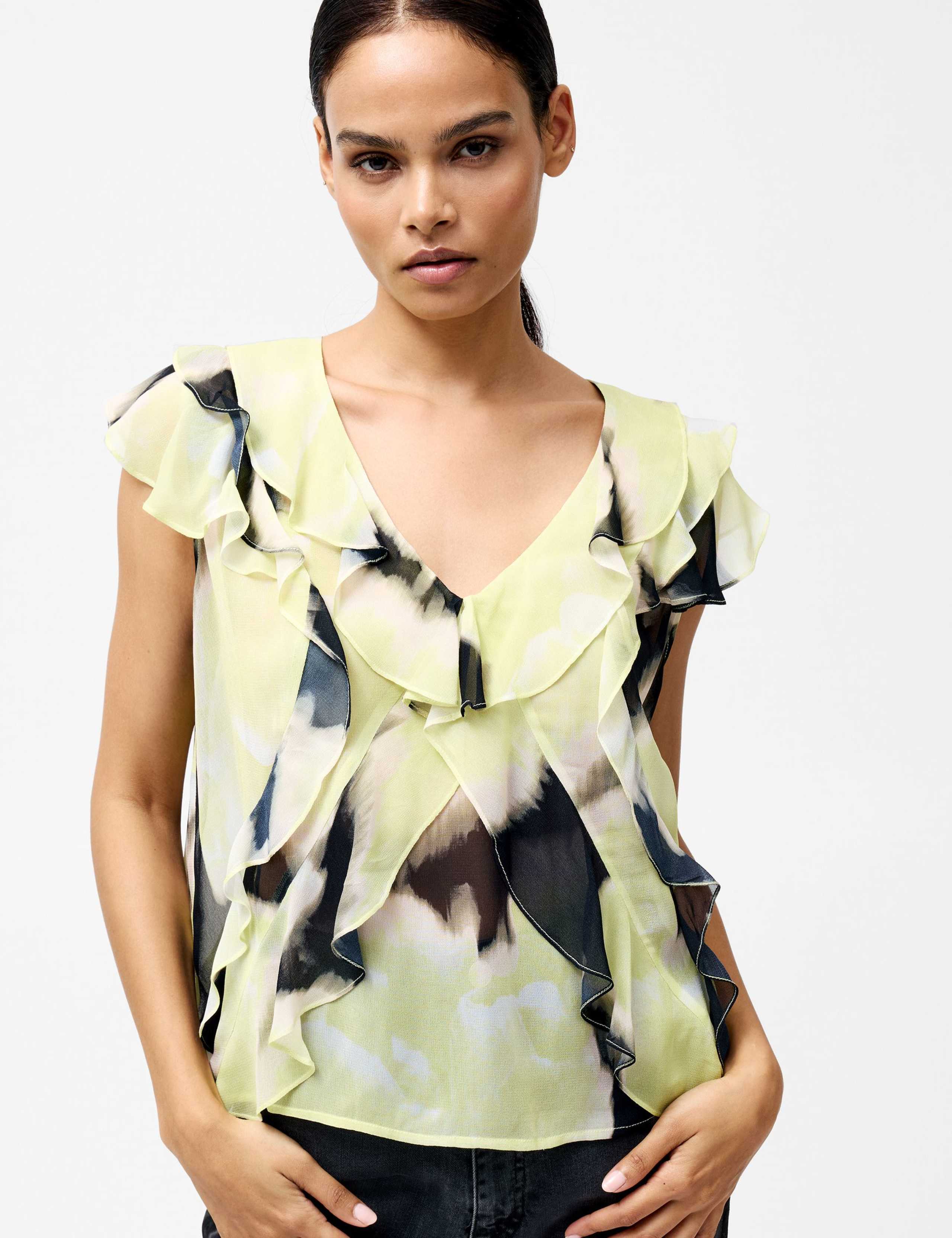 Chiffon Printed V-Neck Ruffle Top