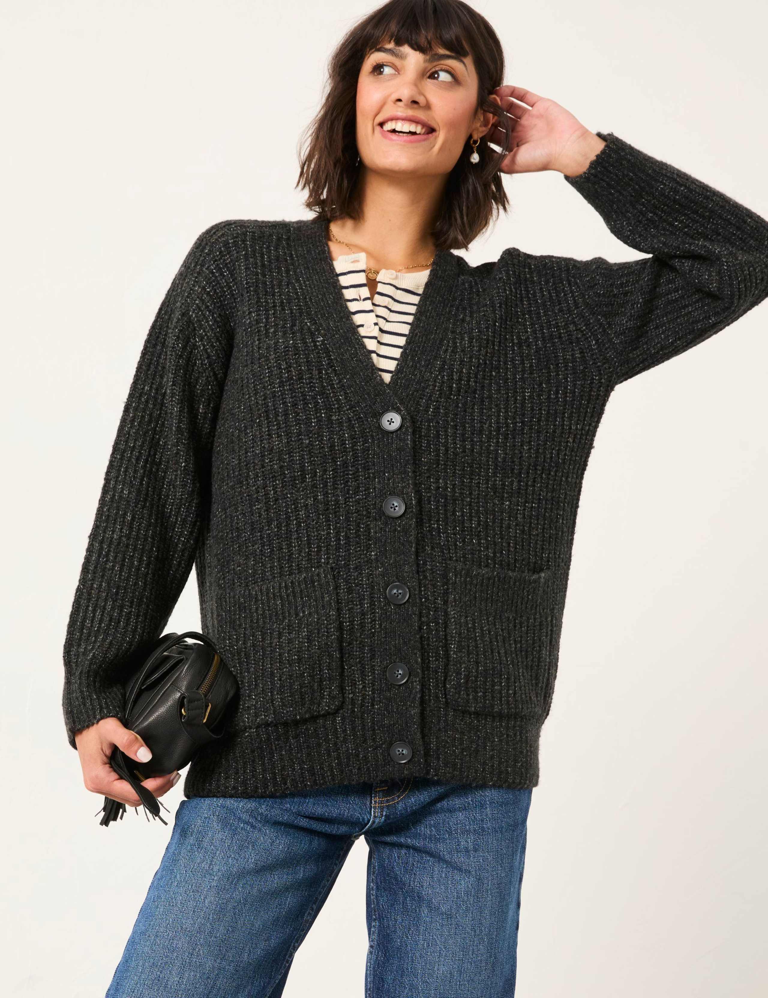 Textured V-Neck Cardigan with Wool