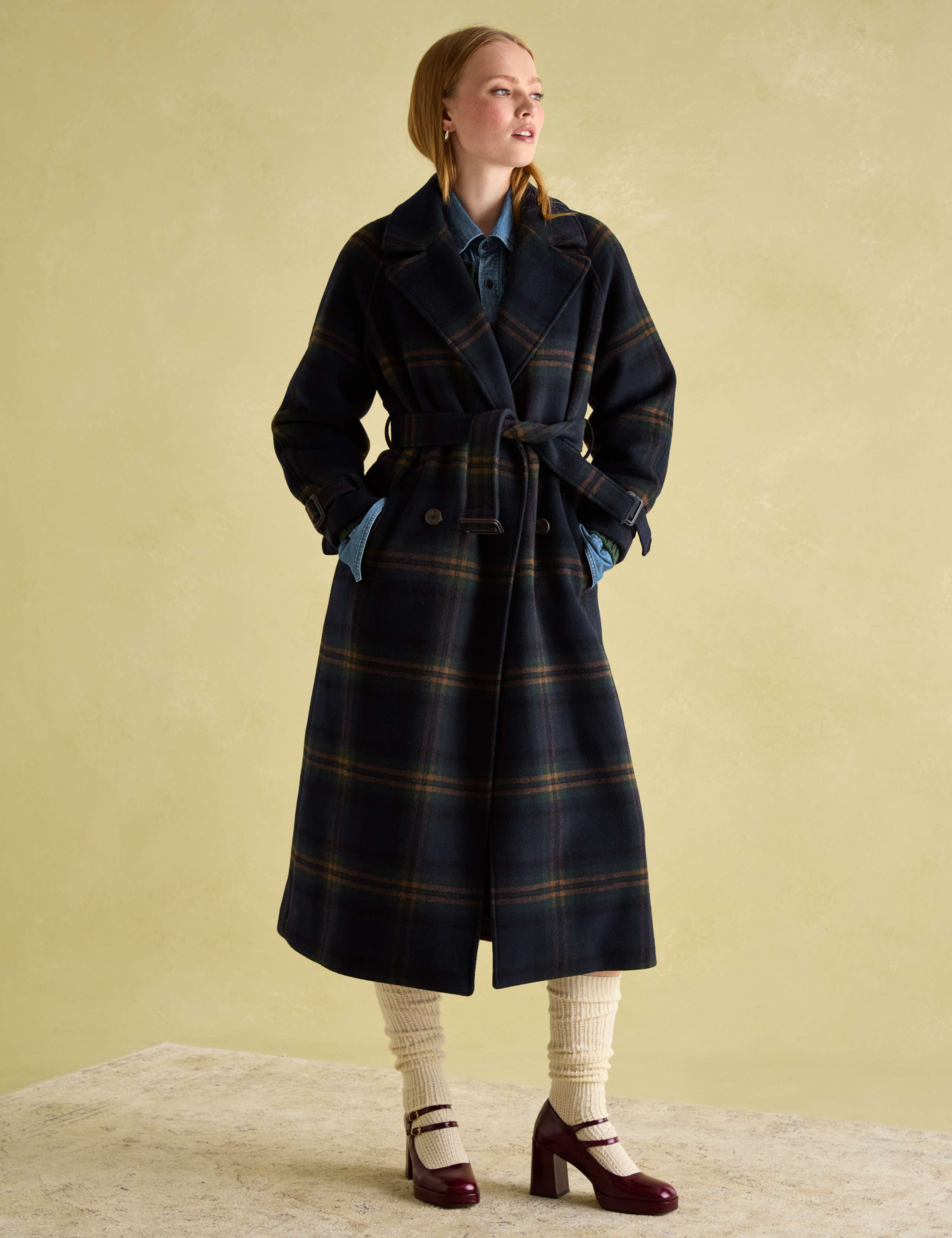 Wool Blend Checked Trench Style Coat