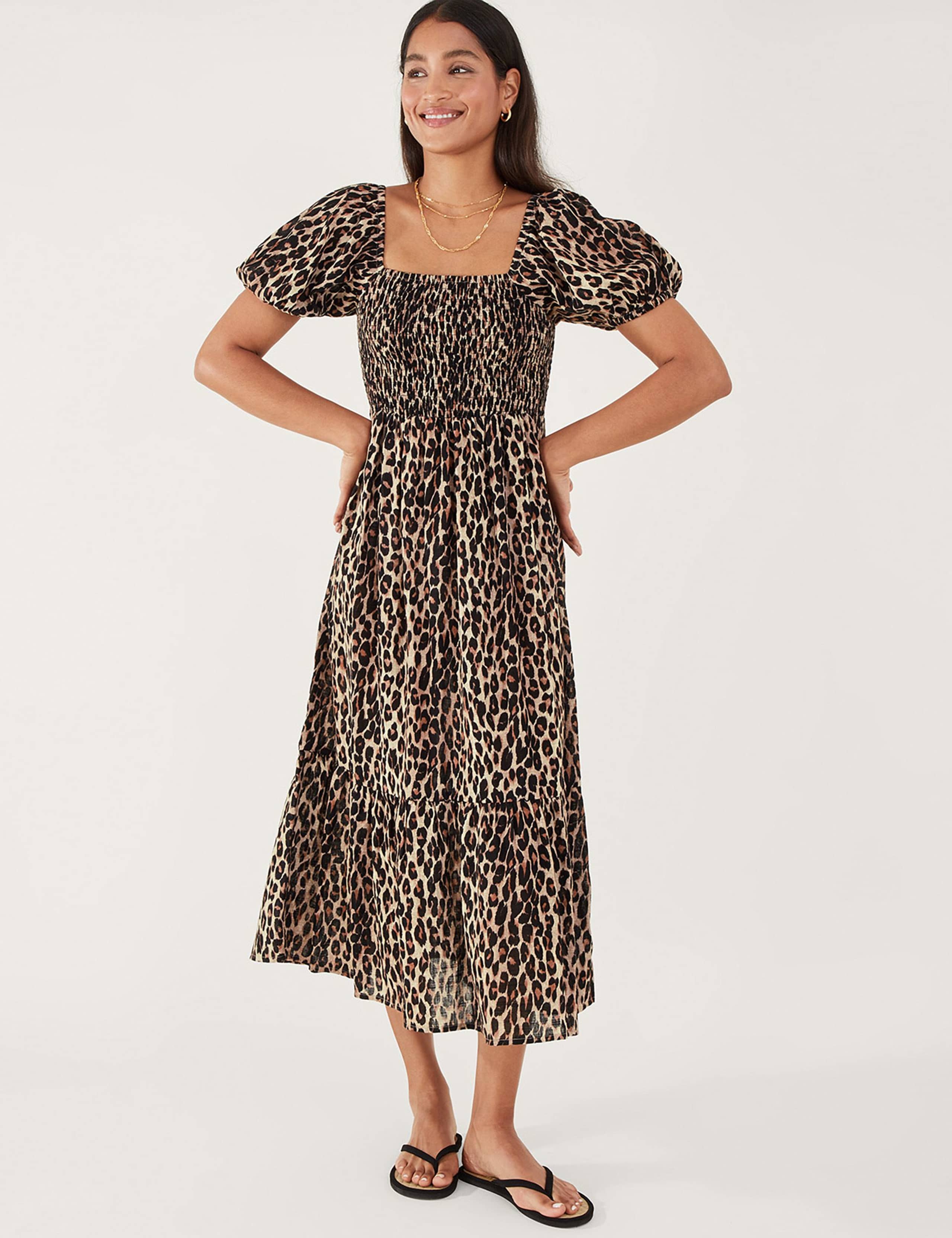 Pure Cotton Leopard Print Midi Dress