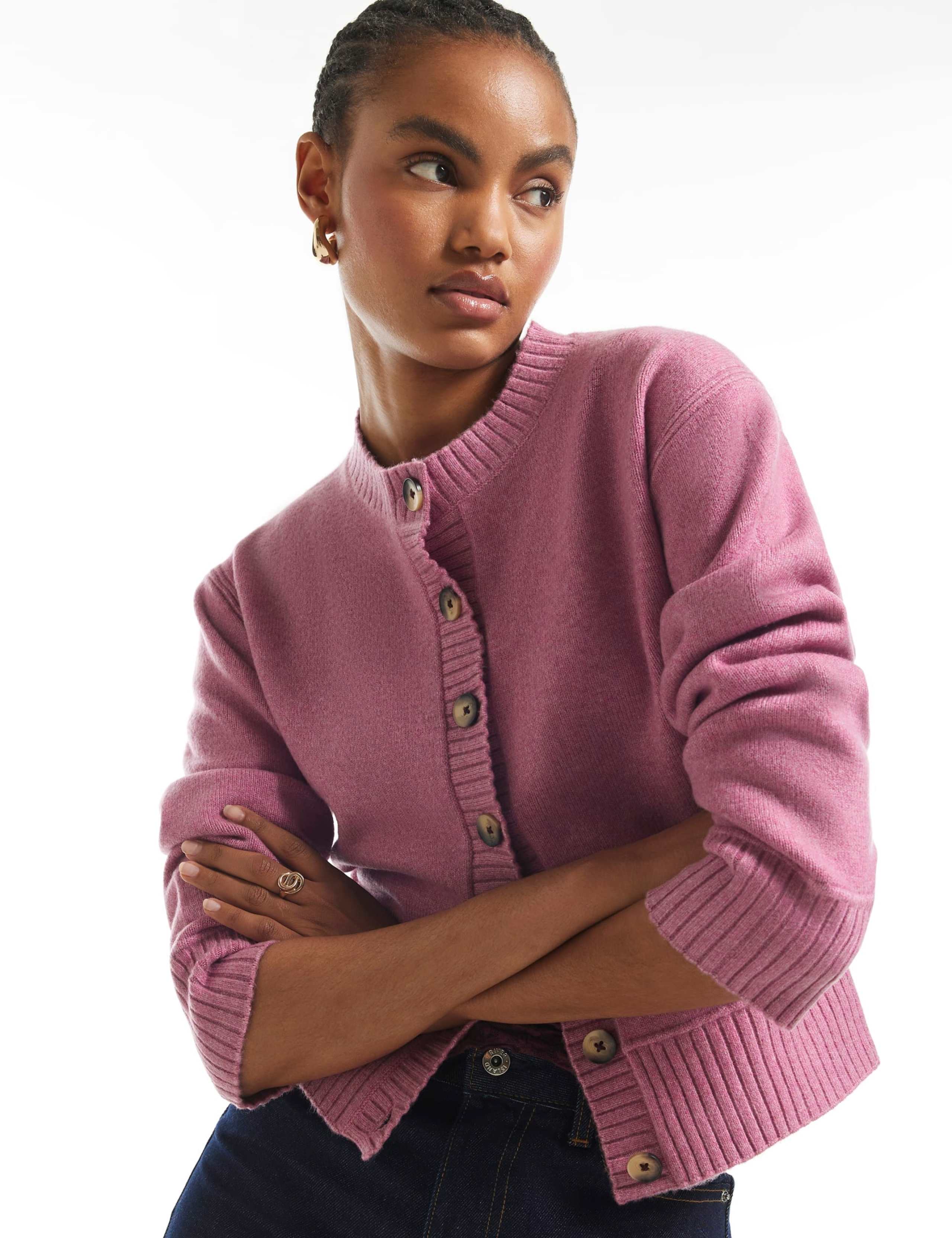 Crew Neck Button Front Relaxed Cardigan