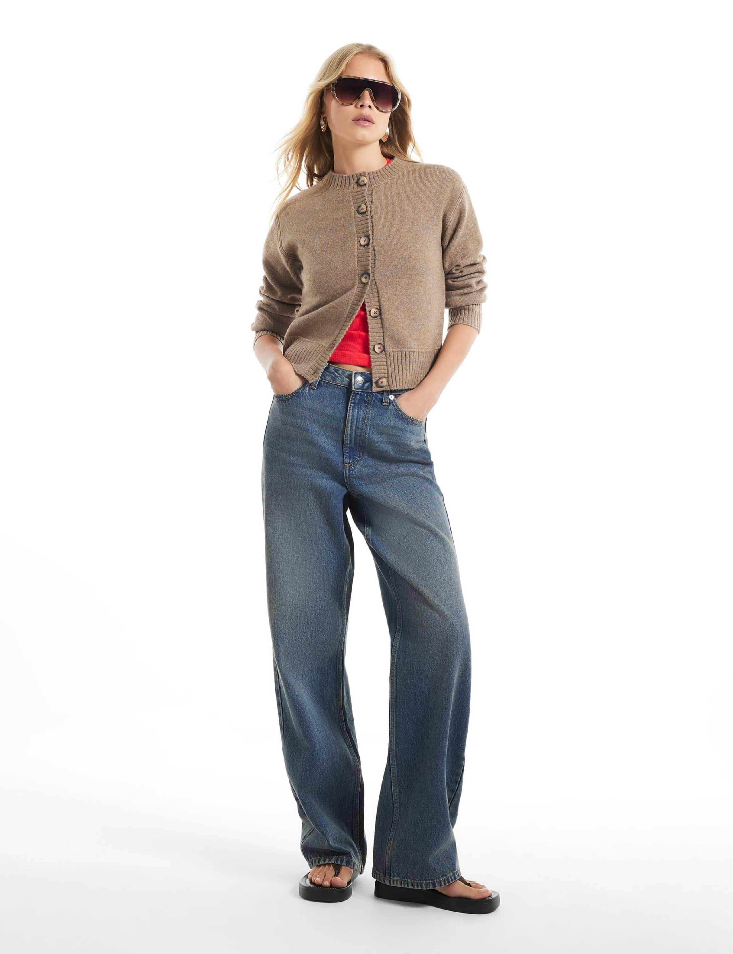 Crew Neck Button Front Relaxed Cardigan