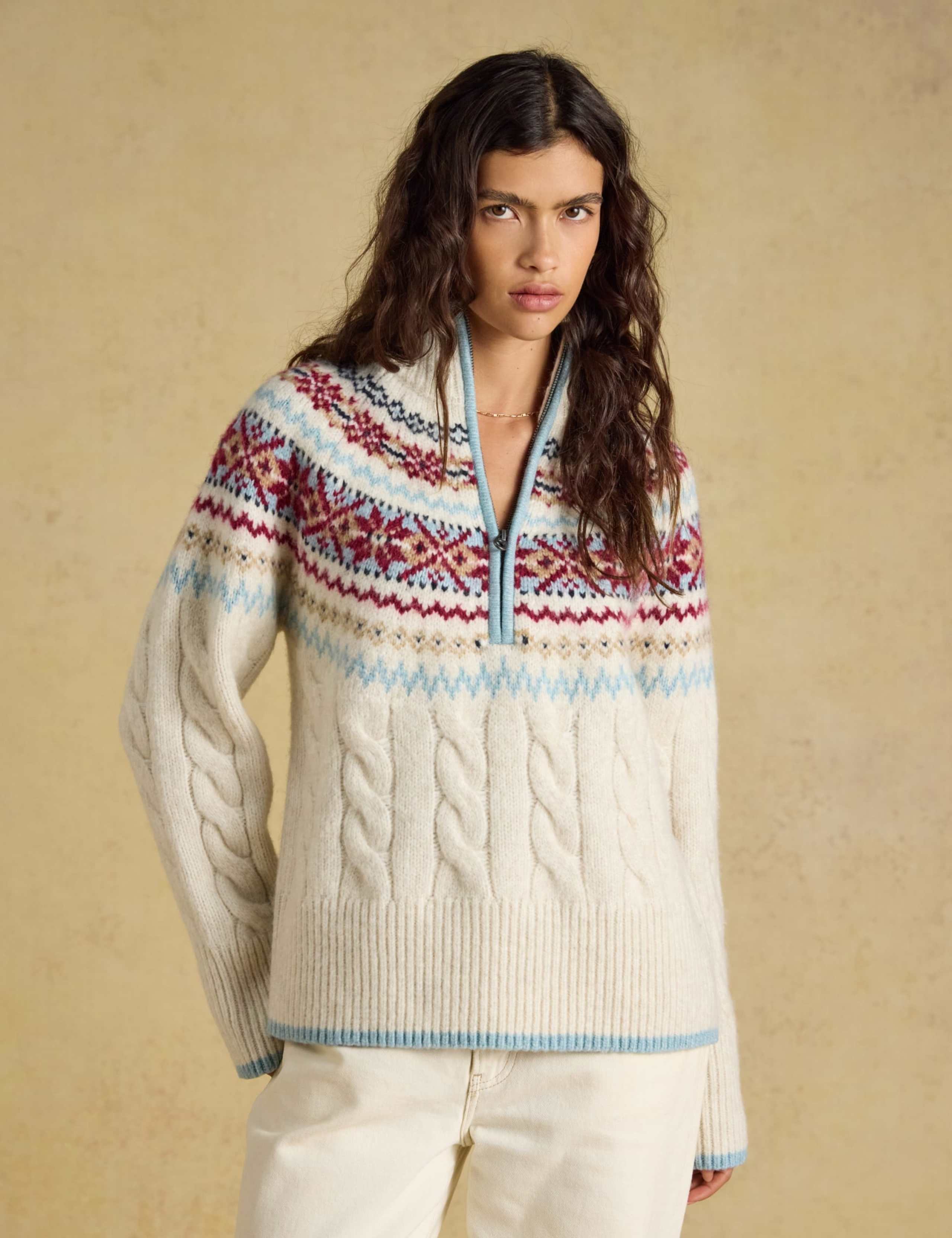 Fair Isle Funnel Neck Half Zip Jumper with Wool