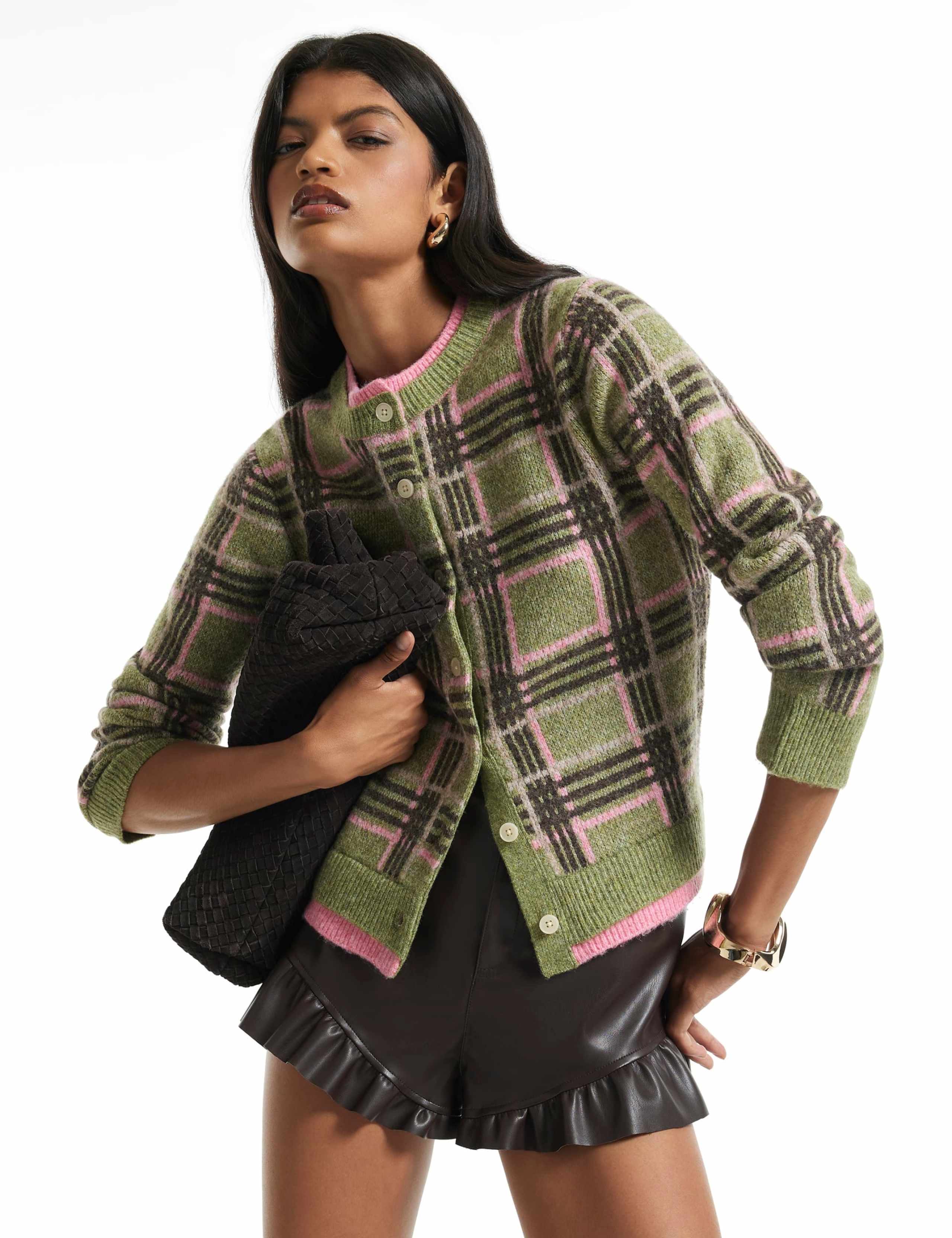 Checked Cardigan with Wool