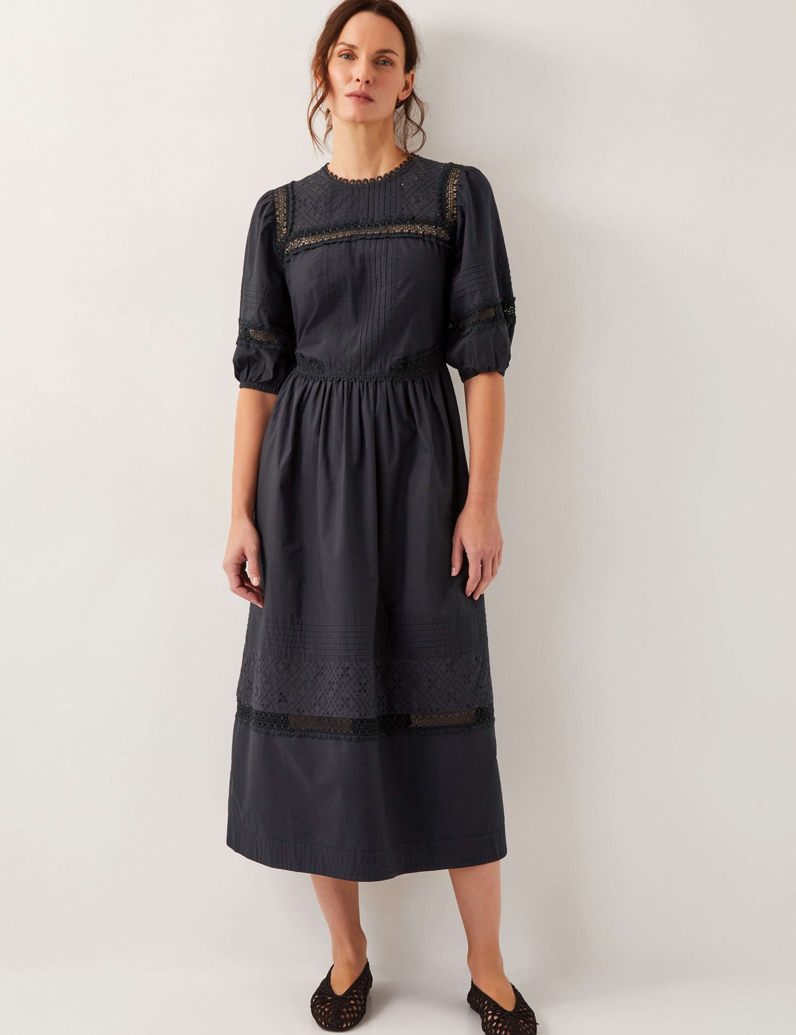 Pure Cotton Broderie Midi Waisted Dress