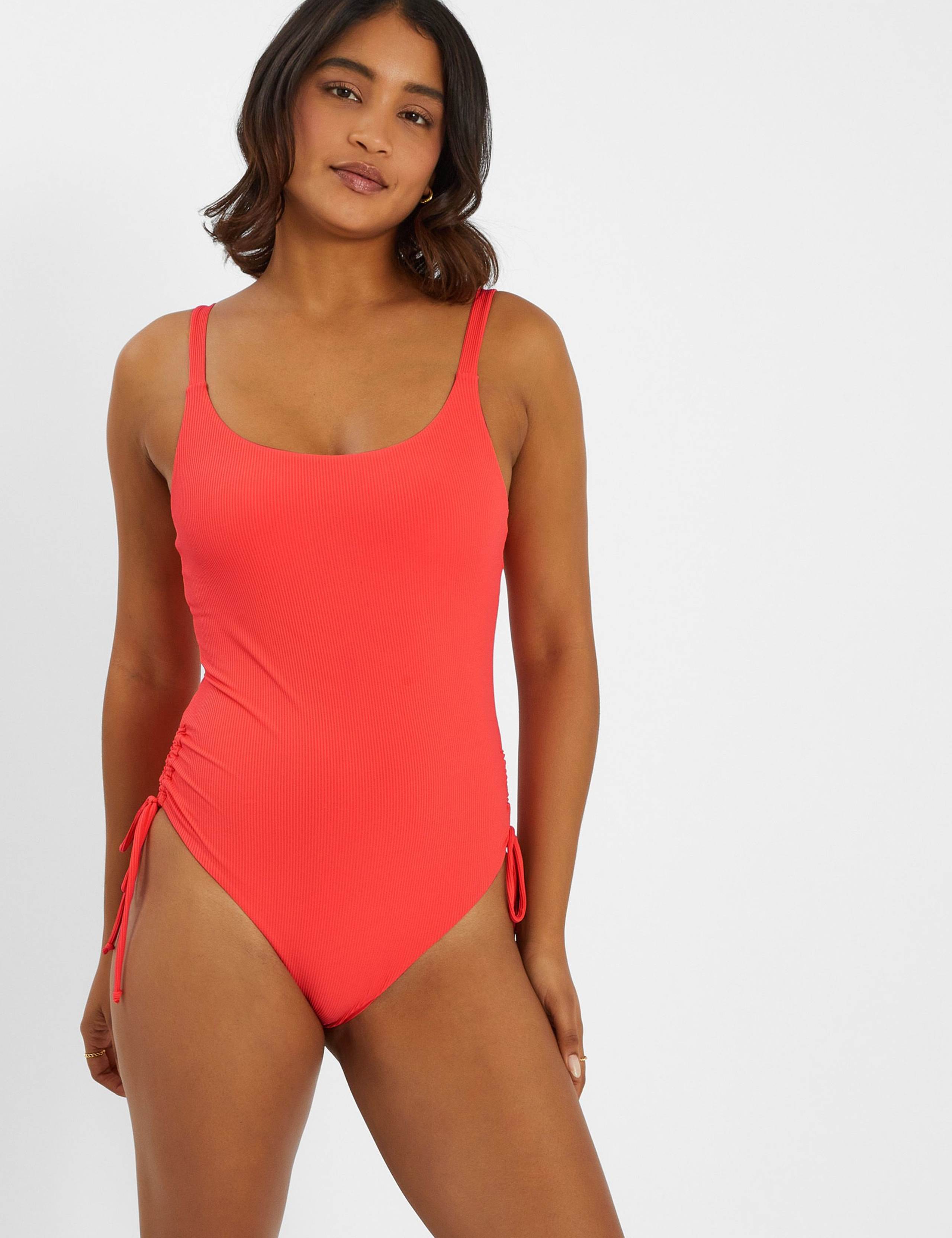 Ribbed Ruched Scoop Neck Swimsuit