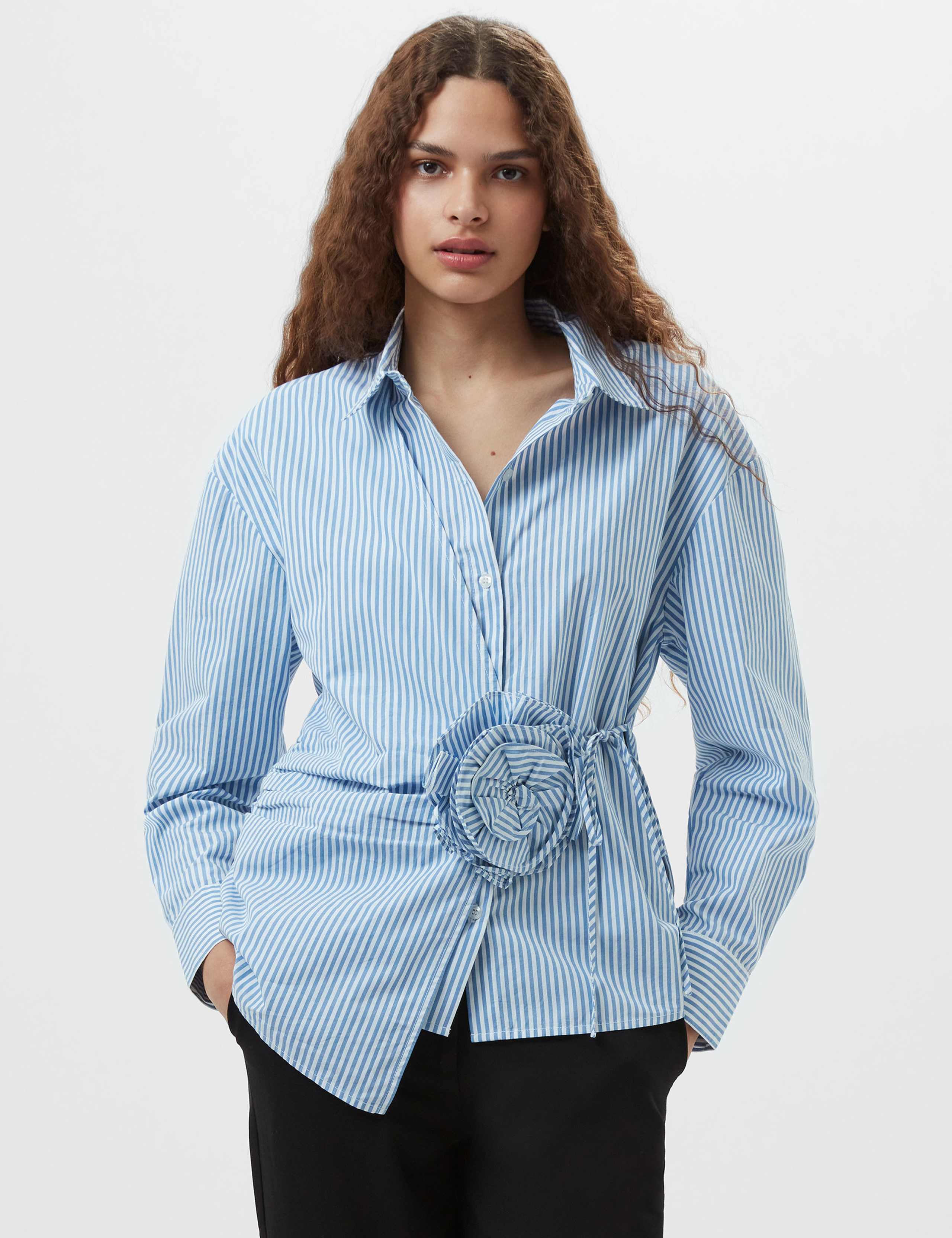 Pure Cotton Striped Corsage Asymmetric Shirt
