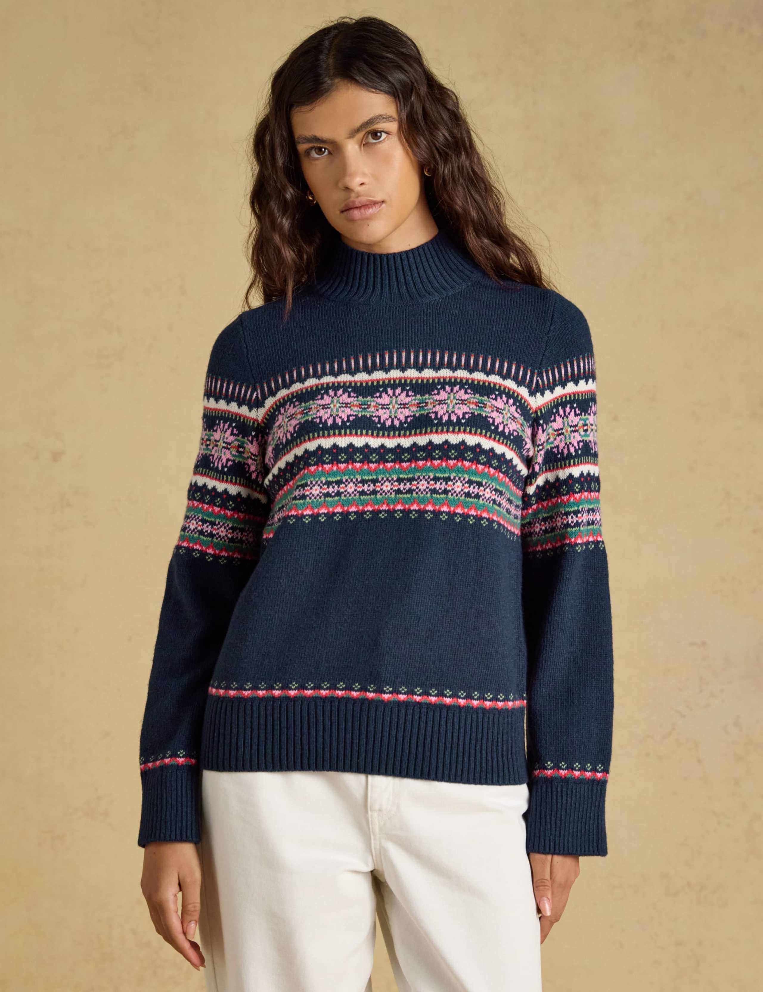 Cotton Rich Fair Isle Roll Neck Jumper with Wool