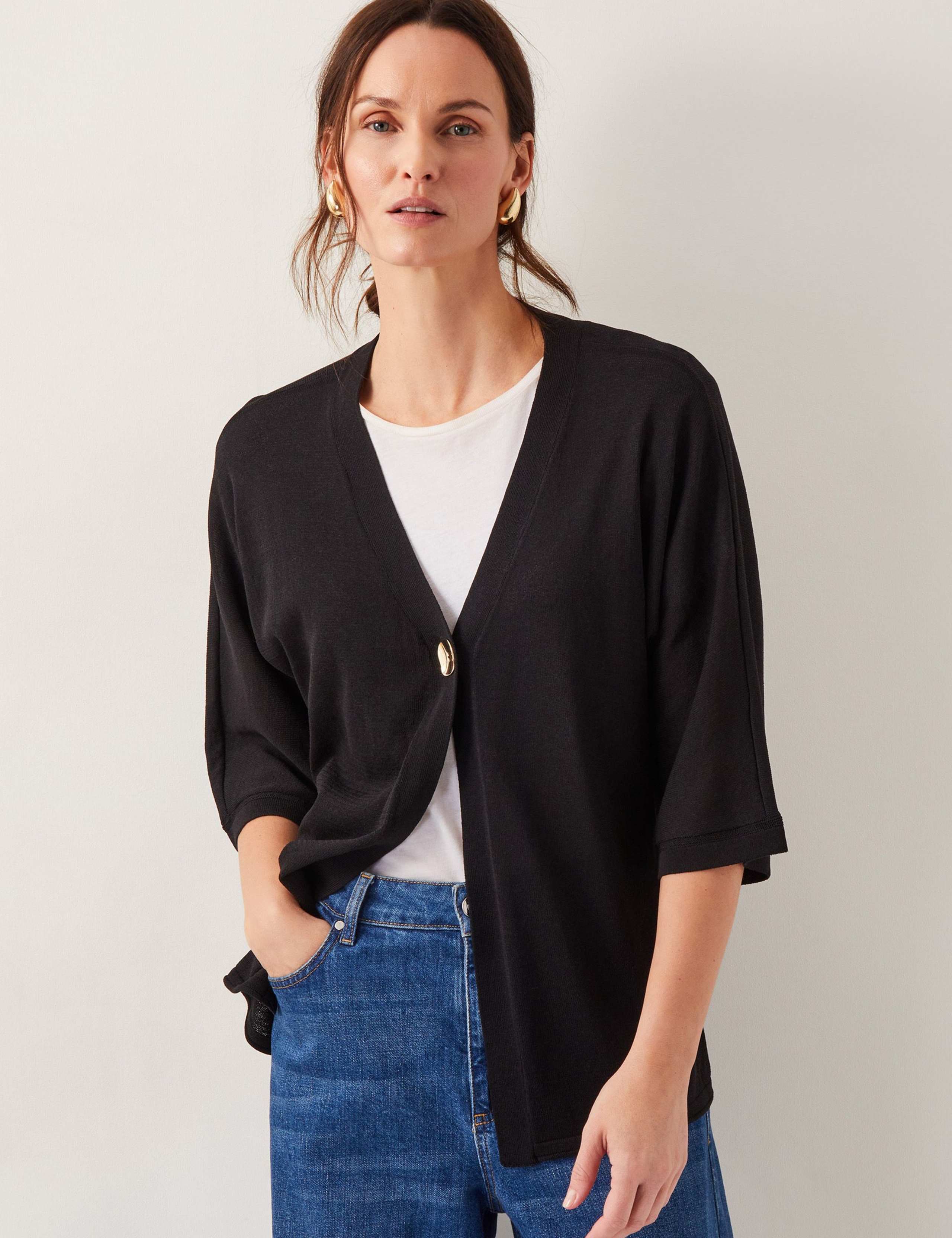 V-Neck Single Button Cardigan With Linen