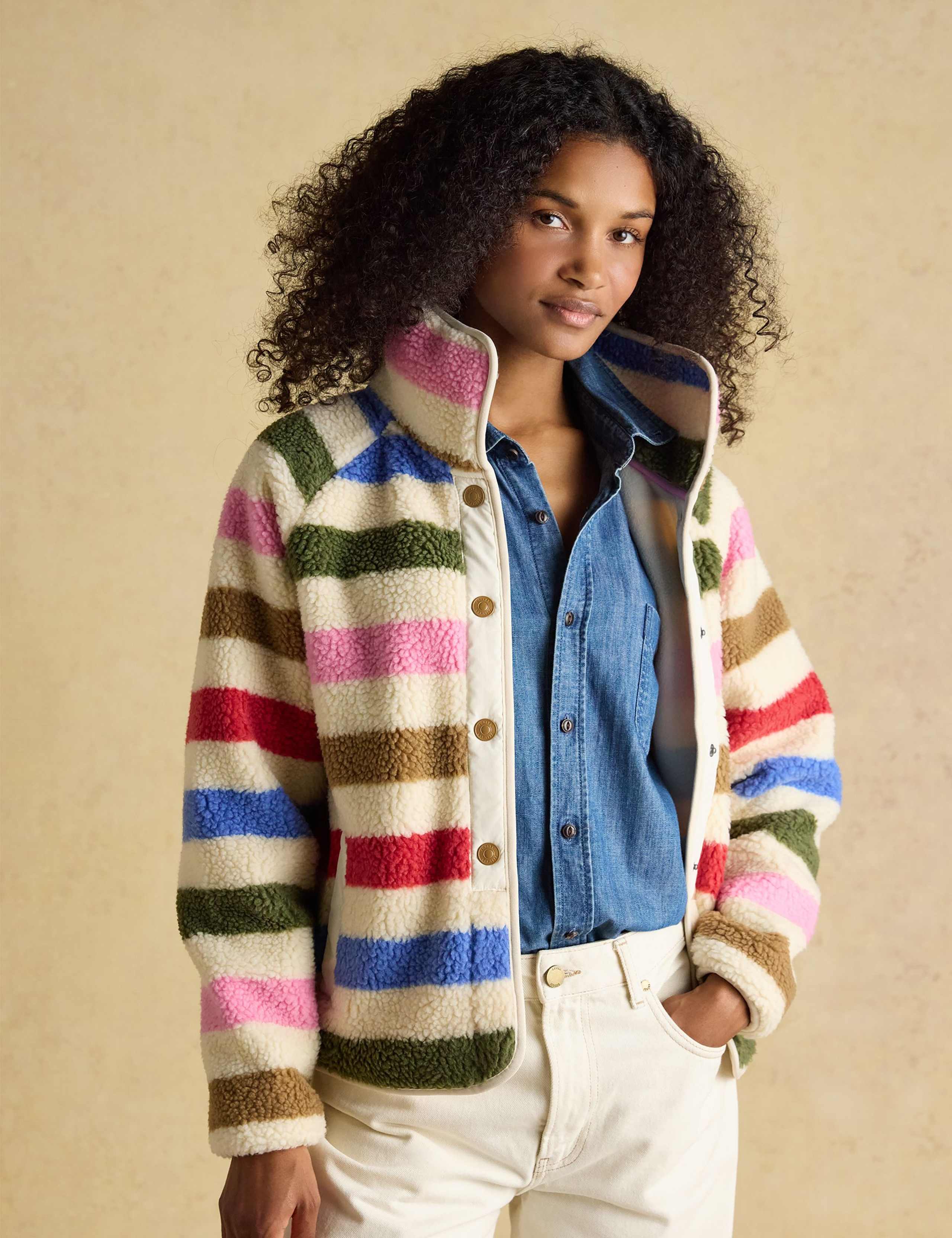 Striped Fleece Funnel Neck Jacket