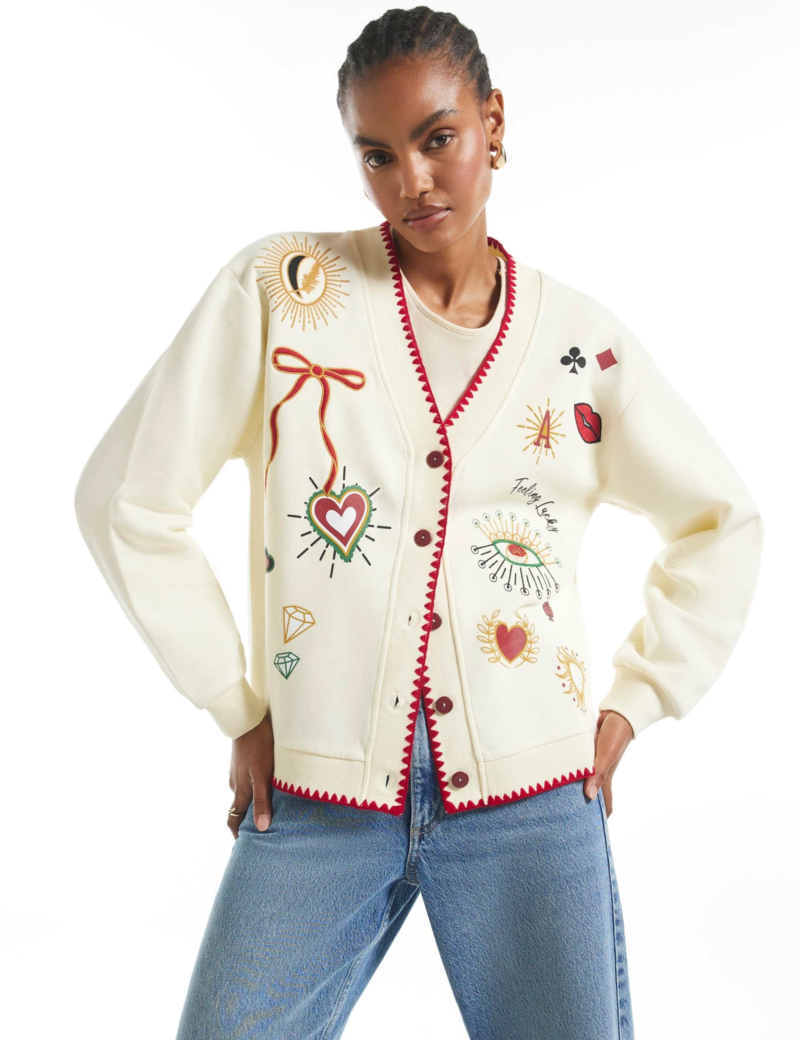Pure Cotton Embroidered V-Neck Cardigan