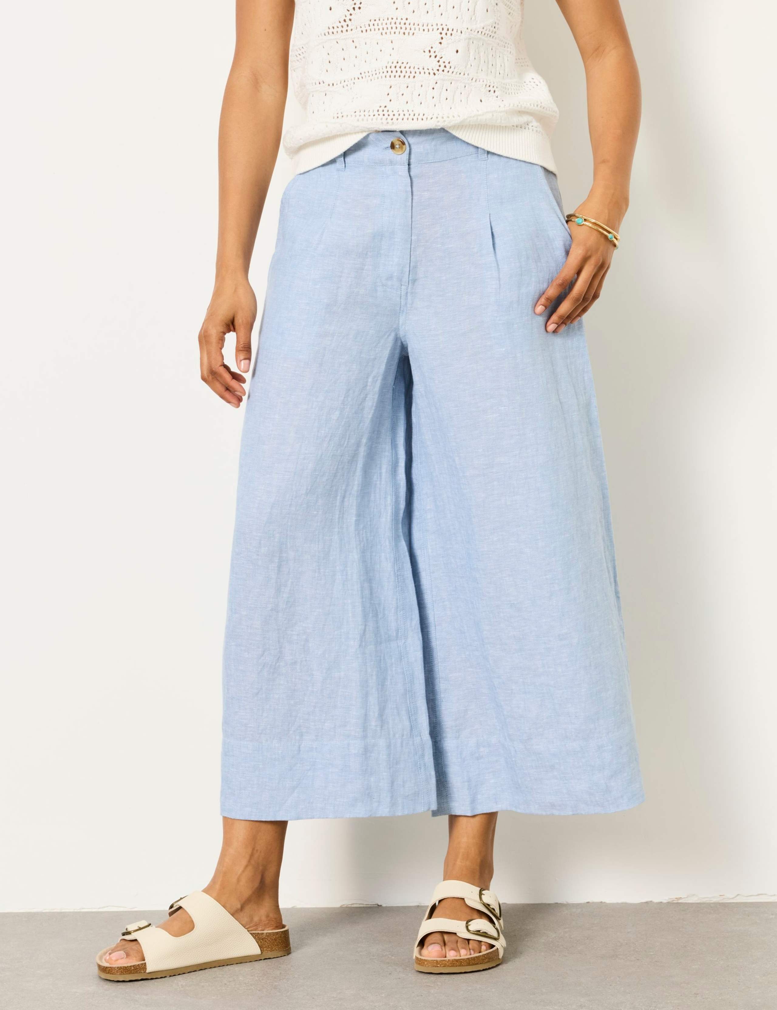 Pure Linen Wide Leg Cropped Trousers